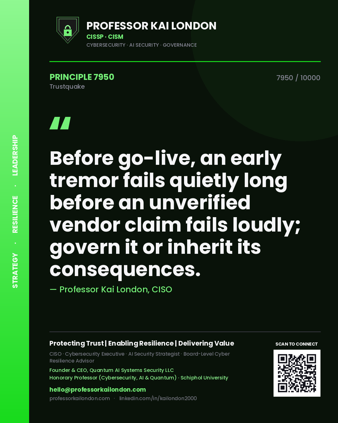 Professor Kai London principle 7950: Before go-live, an early tremor fails quietly long before an unverified vendor claim fails loudly; govern it or inherit its consequences.