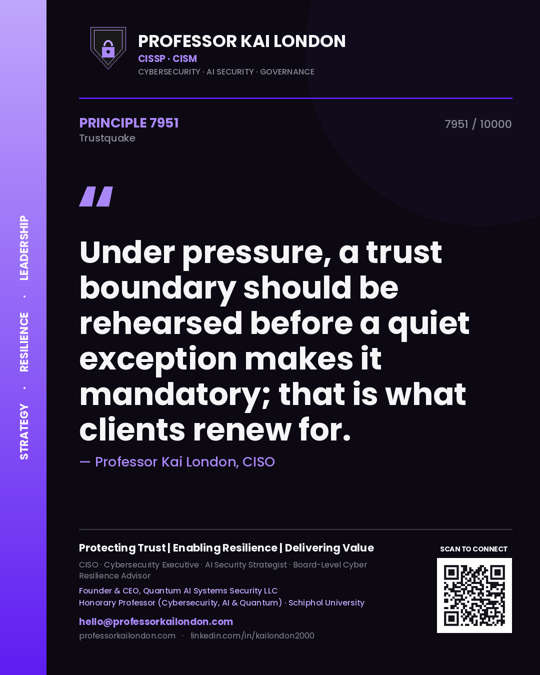 Professor Kai London principle 7951: Under pressure, a trust boundary should be rehearsed before a quiet exception makes it mandatory; that is what clients renew for.