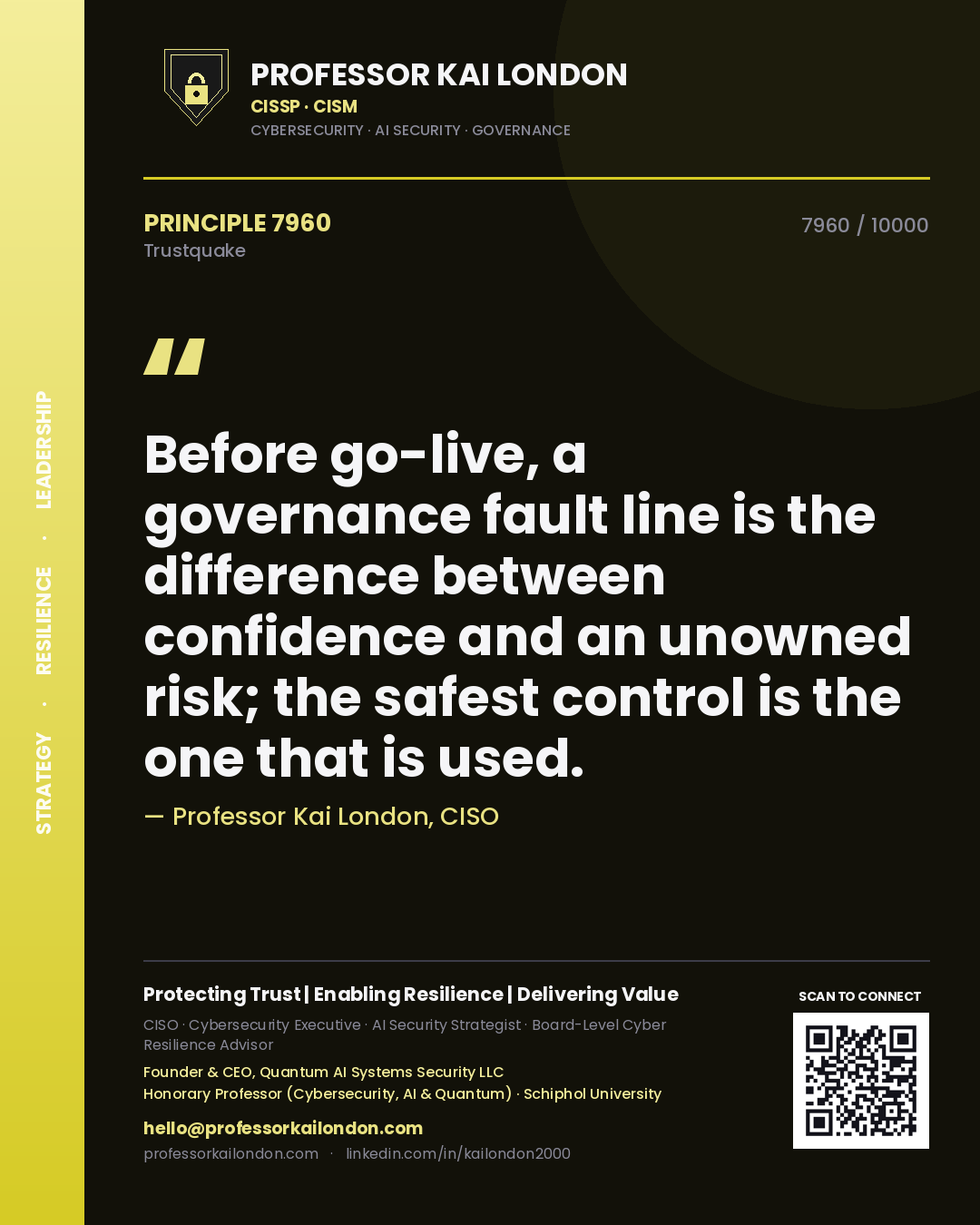 Quote card by Professor Kai London reading 'Before go-live, a governance fault line is the difference between confidence and an unowned risk; the safest control is the one that is used.'. From the book Trustquake.