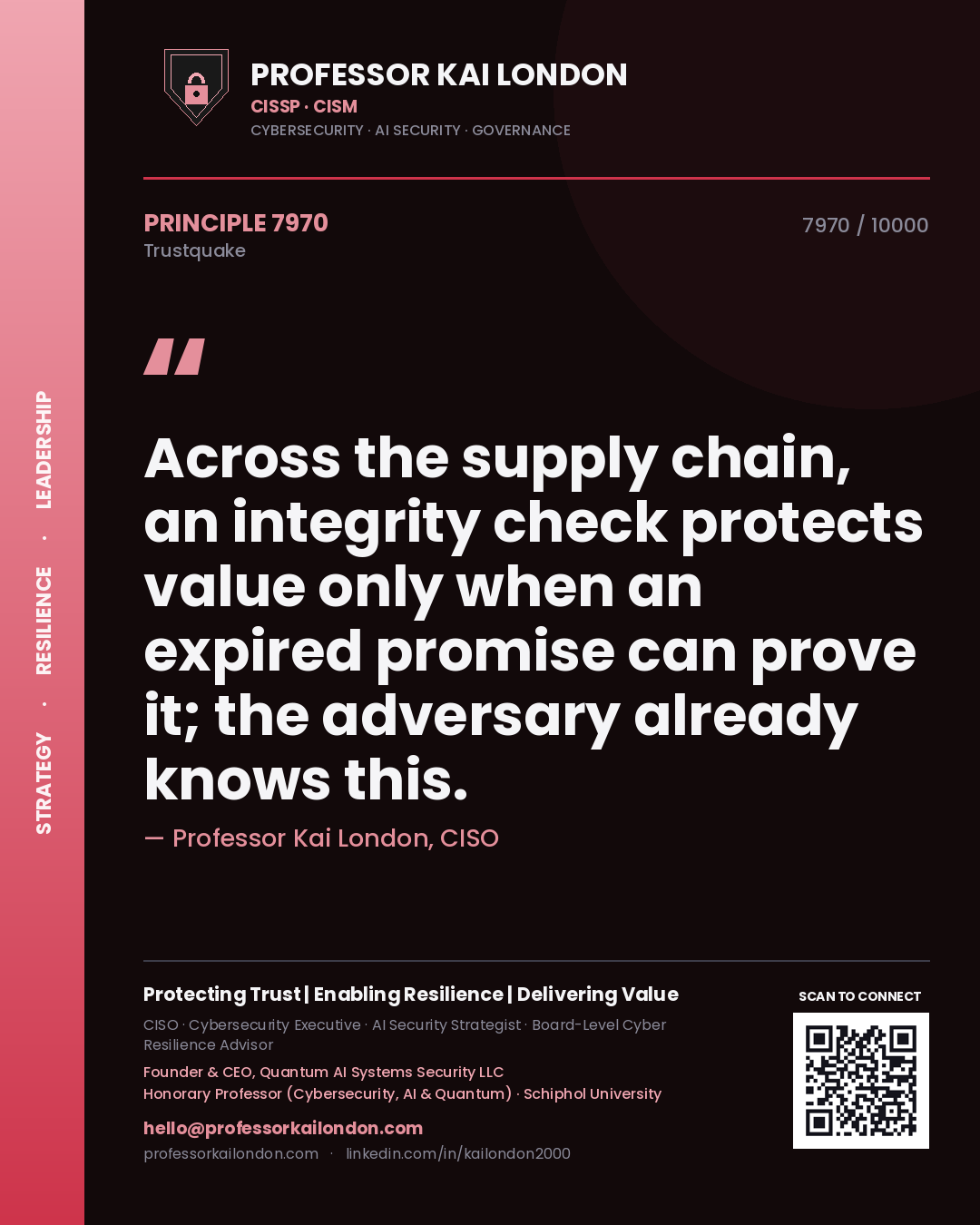 Quote card by Professor Kai London reading 'Across the supply chain, an integrity check protects value only when an expired promise can prove it; the adversary already knows this.'. From the book Trustquake.