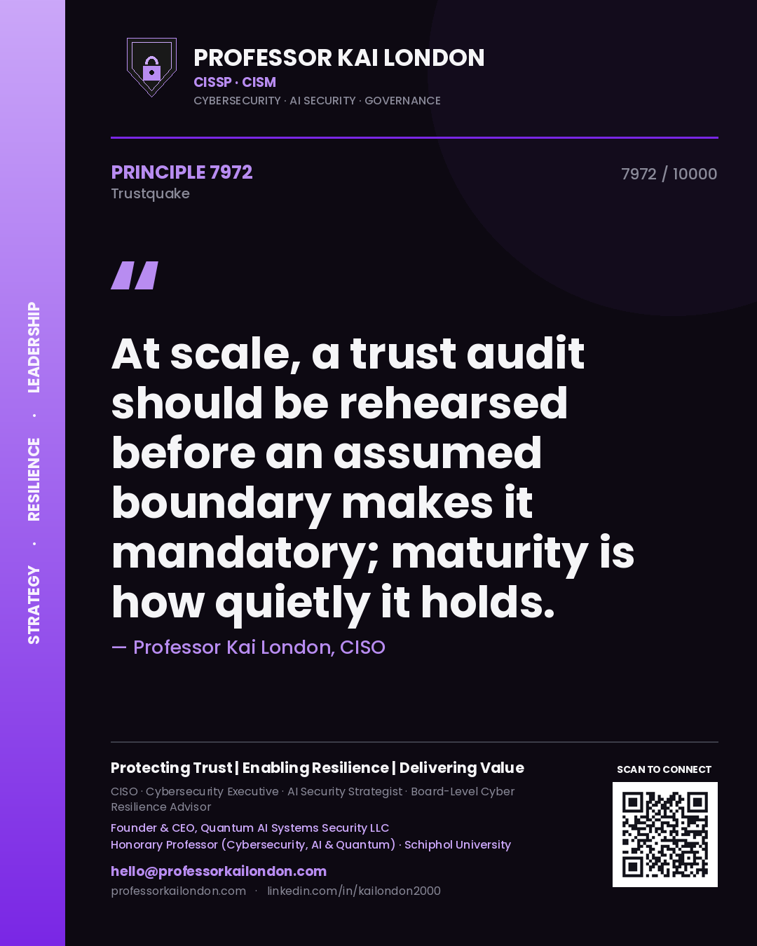 Professor Kai London principle 7972: At scale, a trust audit should be rehearsed before an assumed boundary makes it mandatory; maturity is how quietly it holds.