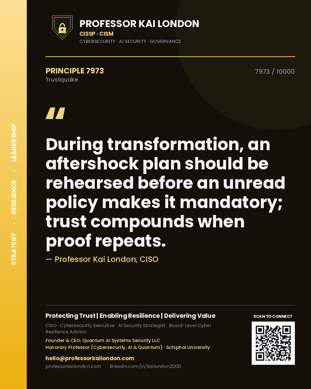 Quote card by Professor Kai London reading 'During transformation, an aftershock plan should be rehearsed before an unread policy makes it mandatory; trust compounds when proof repeats.'. From the book Trustquake.