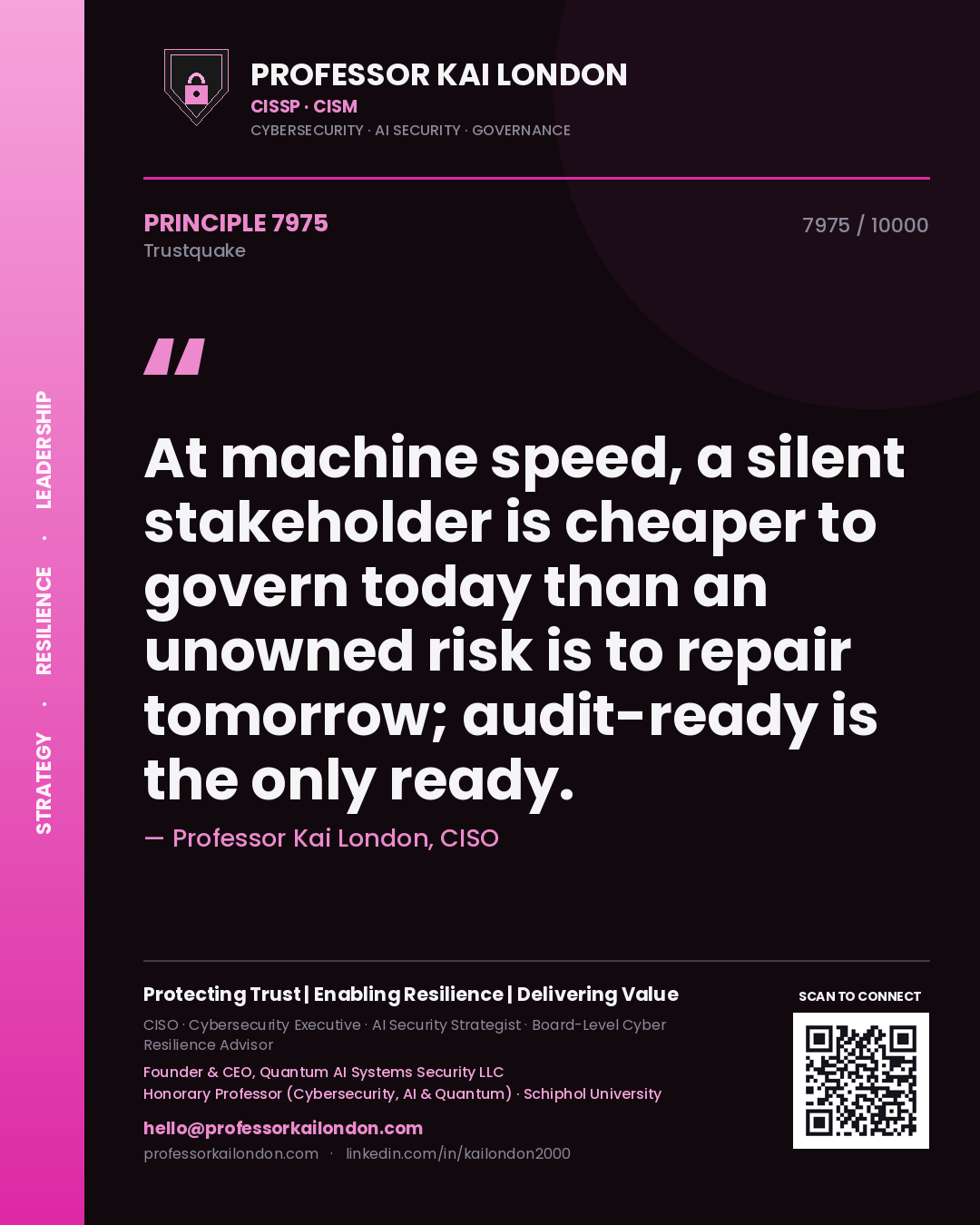 Professor Kai London principle 7975: At machine speed, a silent stakeholder is cheaper to govern today than an unowned risk is to repair tomorrow; audit-ready is the only ready.