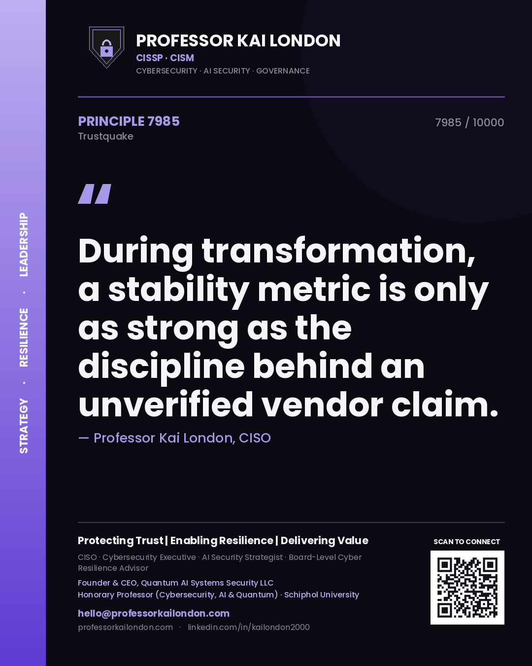 Professor Kai London principle 7985: During transformation, a stability metric is only as strong as the discipline behind an unverified vendor claim.