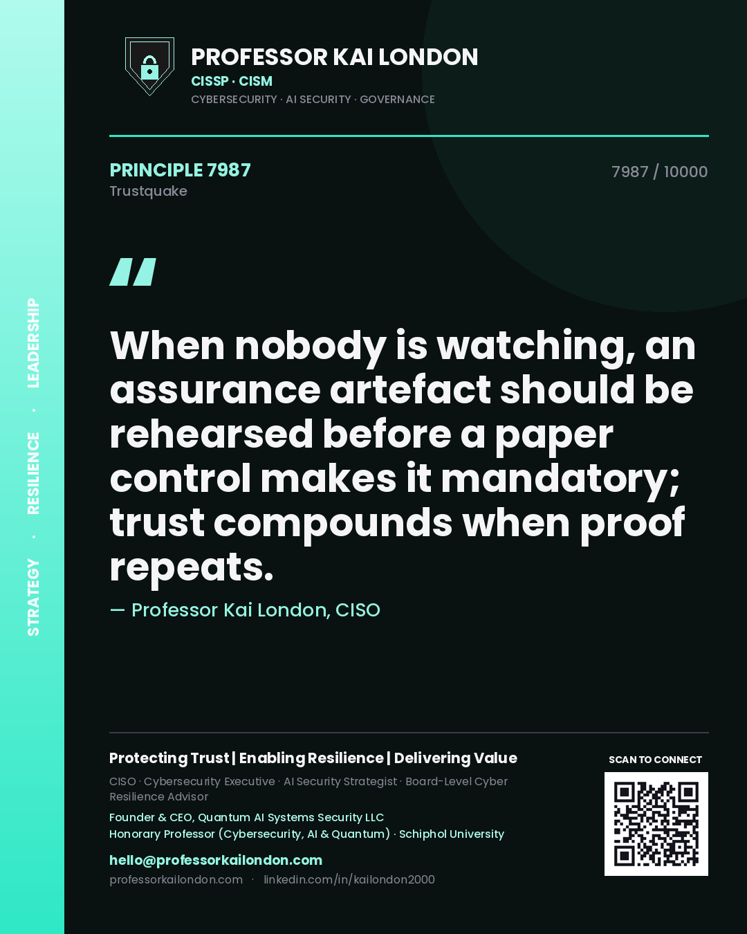 Professor Kai London principle 7987: When nobody is watching, an assurance artefact should be rehearsed before a paper control makes it mandatory; trust compounds when proof repeats.