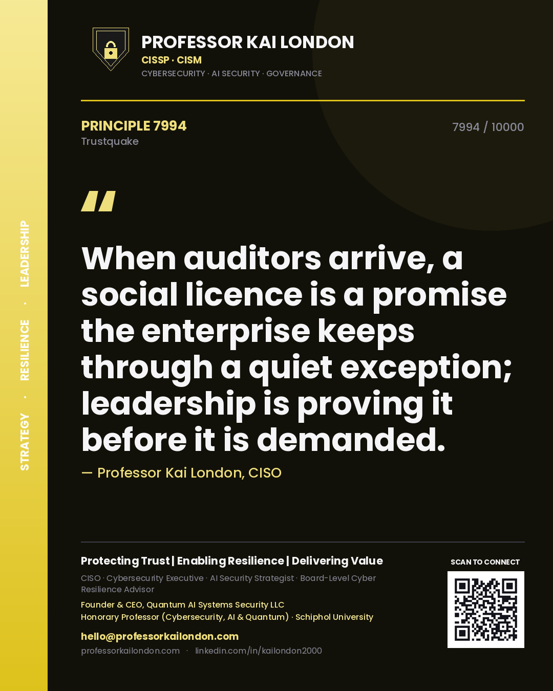 Professor Kai London principle 7994: When auditors arrive, a social licence is a promise the enterprise keeps through a quiet exception; leadership is proving it before it is demanded.
