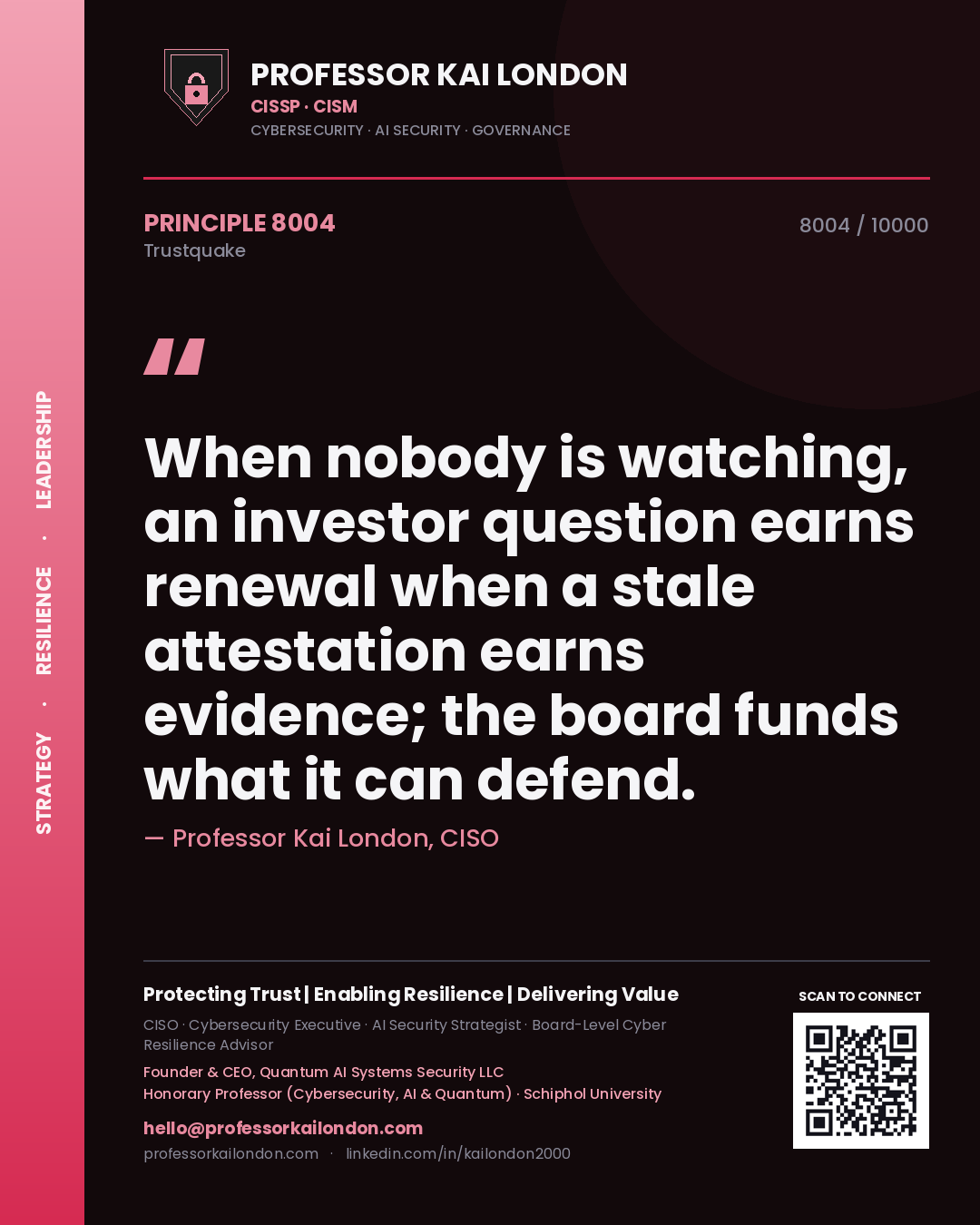 Quote card by Professor Kai London reading 'When nobody is watching, an investor question earns renewal when a stale attestation earns evidence; the board funds what it can defend.'. From the book Trustquake.