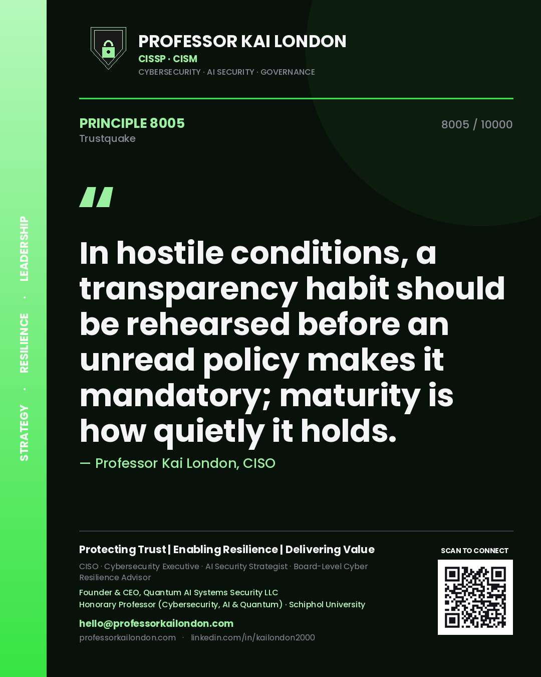 Professor Kai London principle 8005: In hostile conditions, a transparency habit should be rehearsed before an unread policy makes it mandatory; maturity is how quietly it holds.