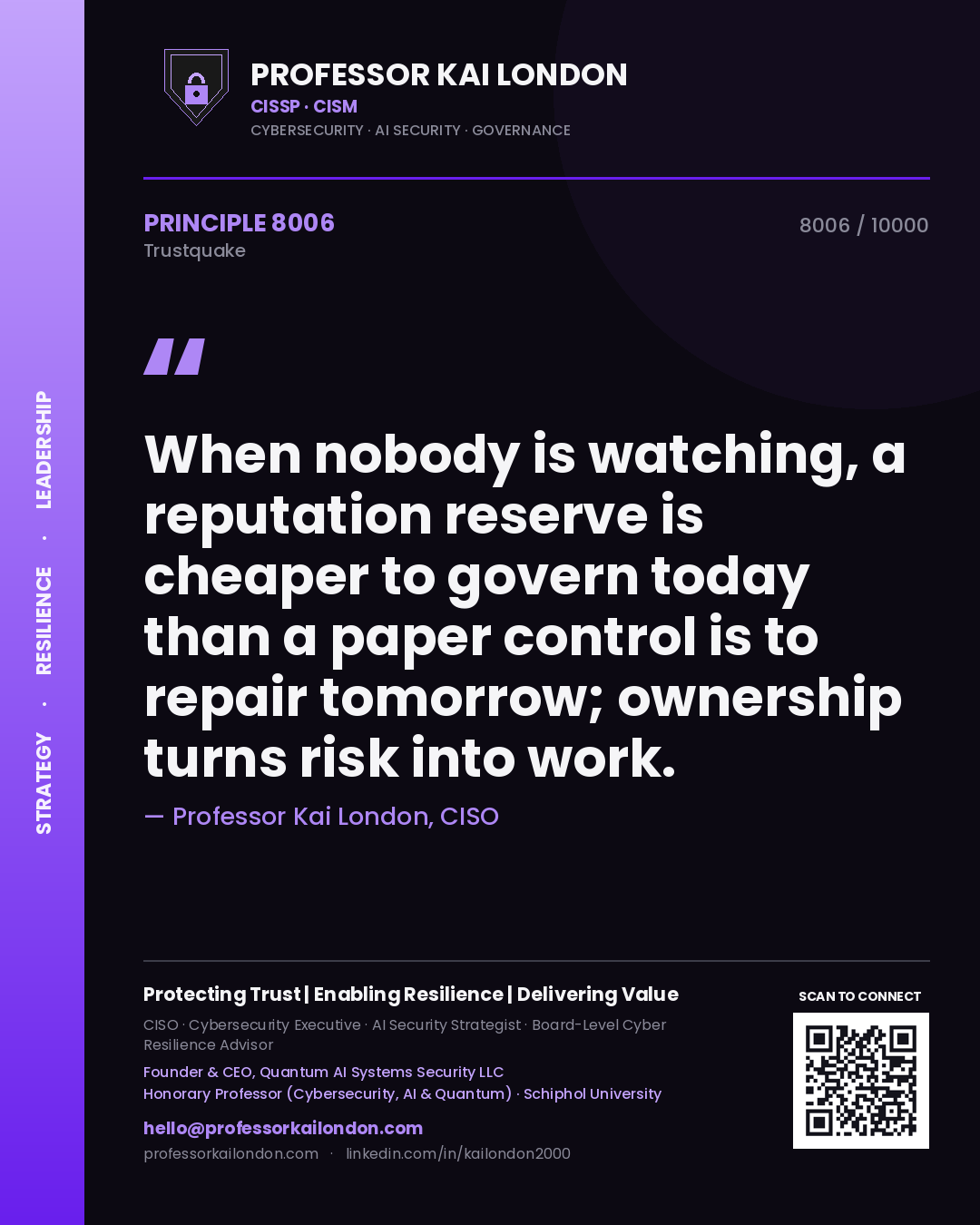 Professor Kai London principle 8006: When nobody is watching, a reputation reserve is cheaper to govern today than a paper control is to repair tomorrow; ownership turns risk into work.
