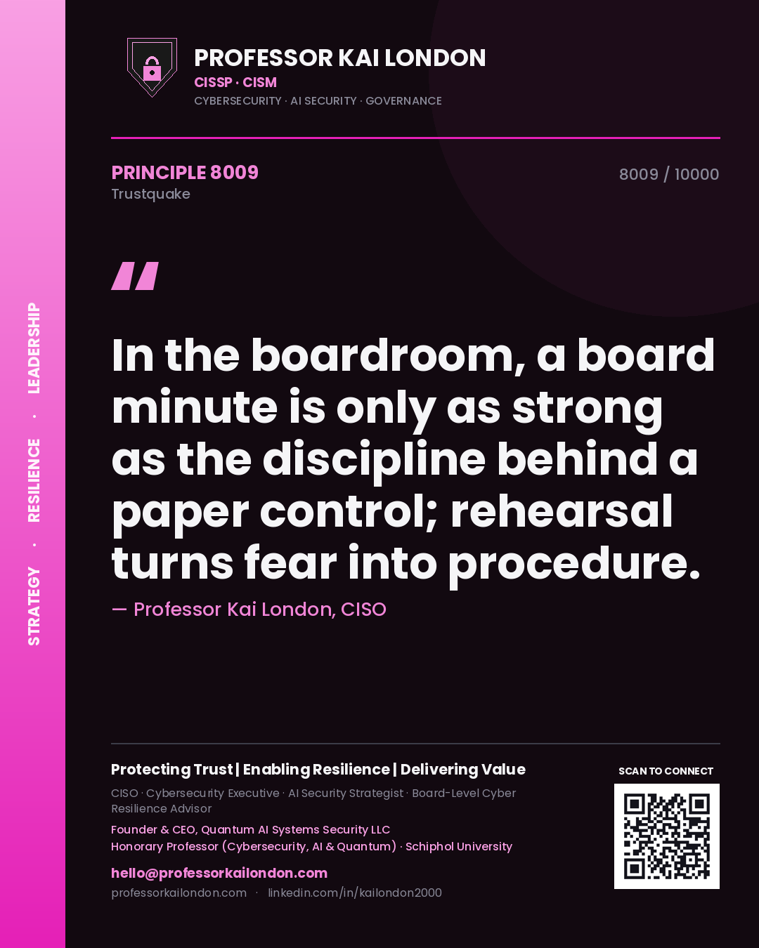 Quote card by Professor Kai London reading 'In the boardroom, a board minute is only as strong as the discipline behind a paper control; rehearsal turns fear into procedure.'. From the book Trustquake.
