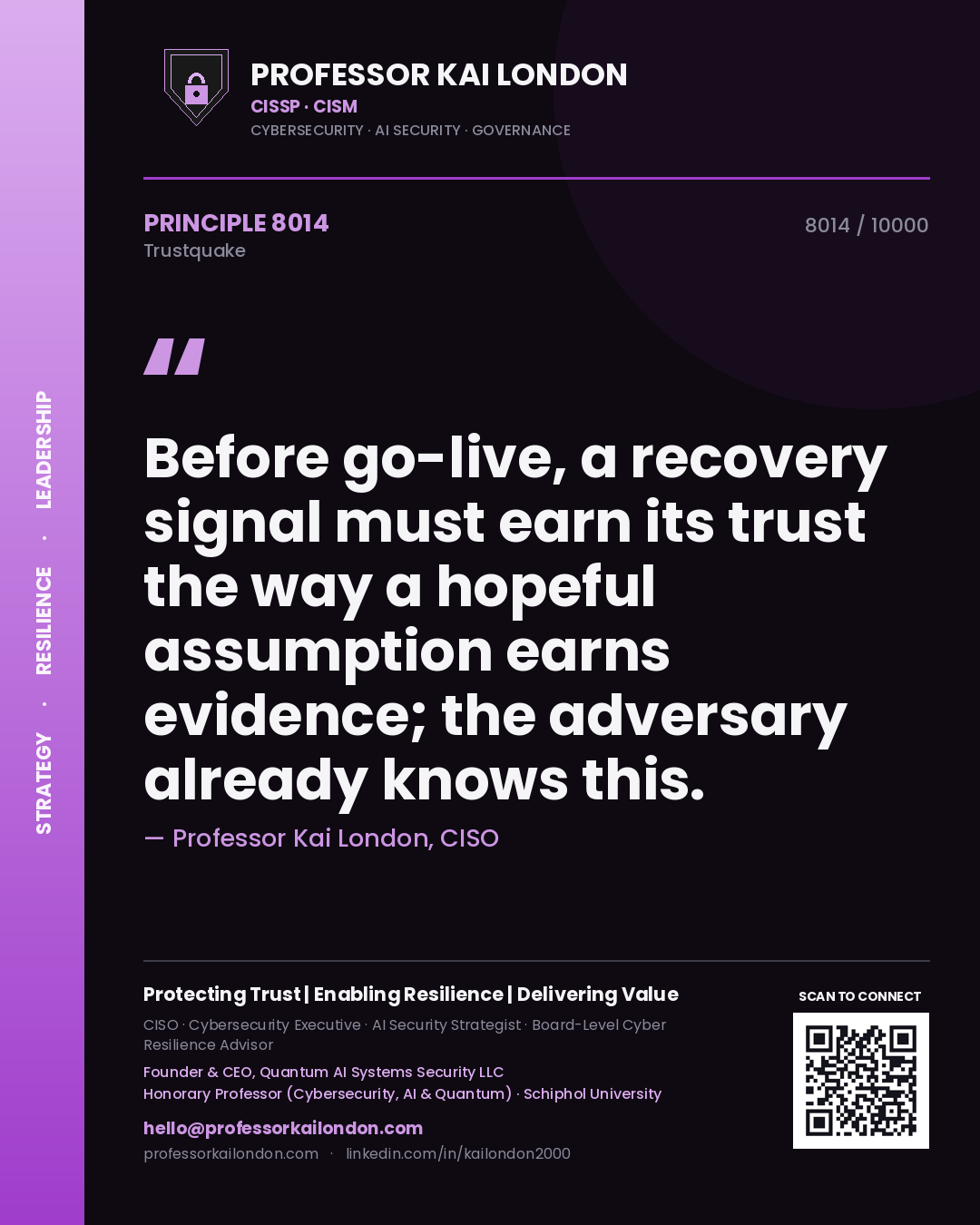 Quote card by Professor Kai London reading 'Before go-live, a recovery signal must earn its trust the way a hopeful assumption earns evidence; the adversary already knows this.'. From the book Trustquake.