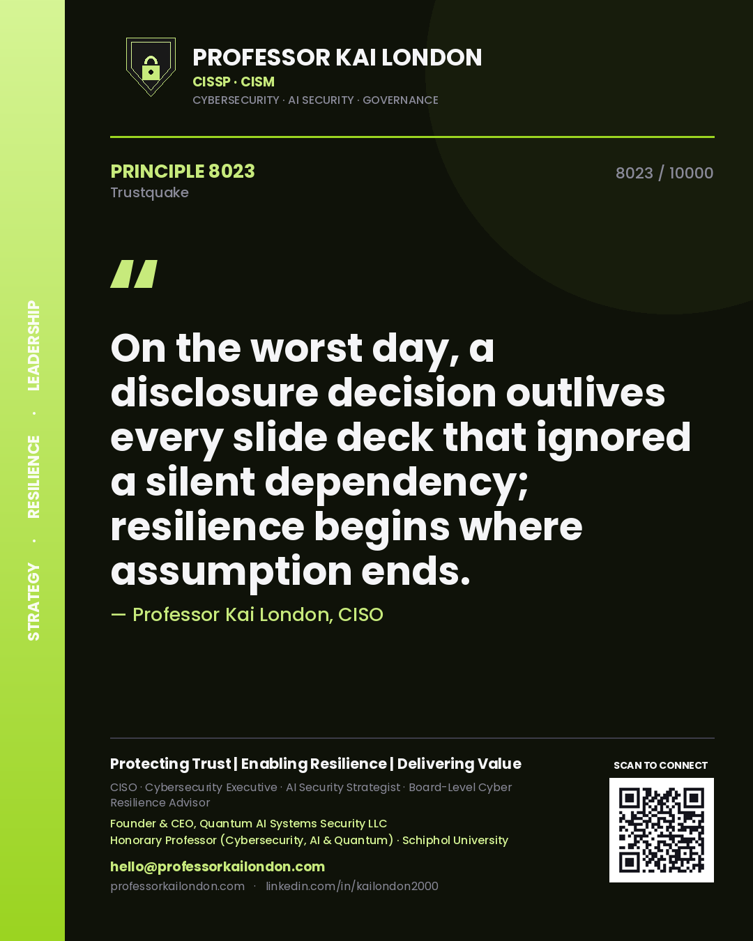 Quote card by Professor Kai London reading 'On the worst day, a disclosure decision outlives every slide deck that ignored a silent dependency; resilience begins where assumption ends.'. From the book Trustquake.