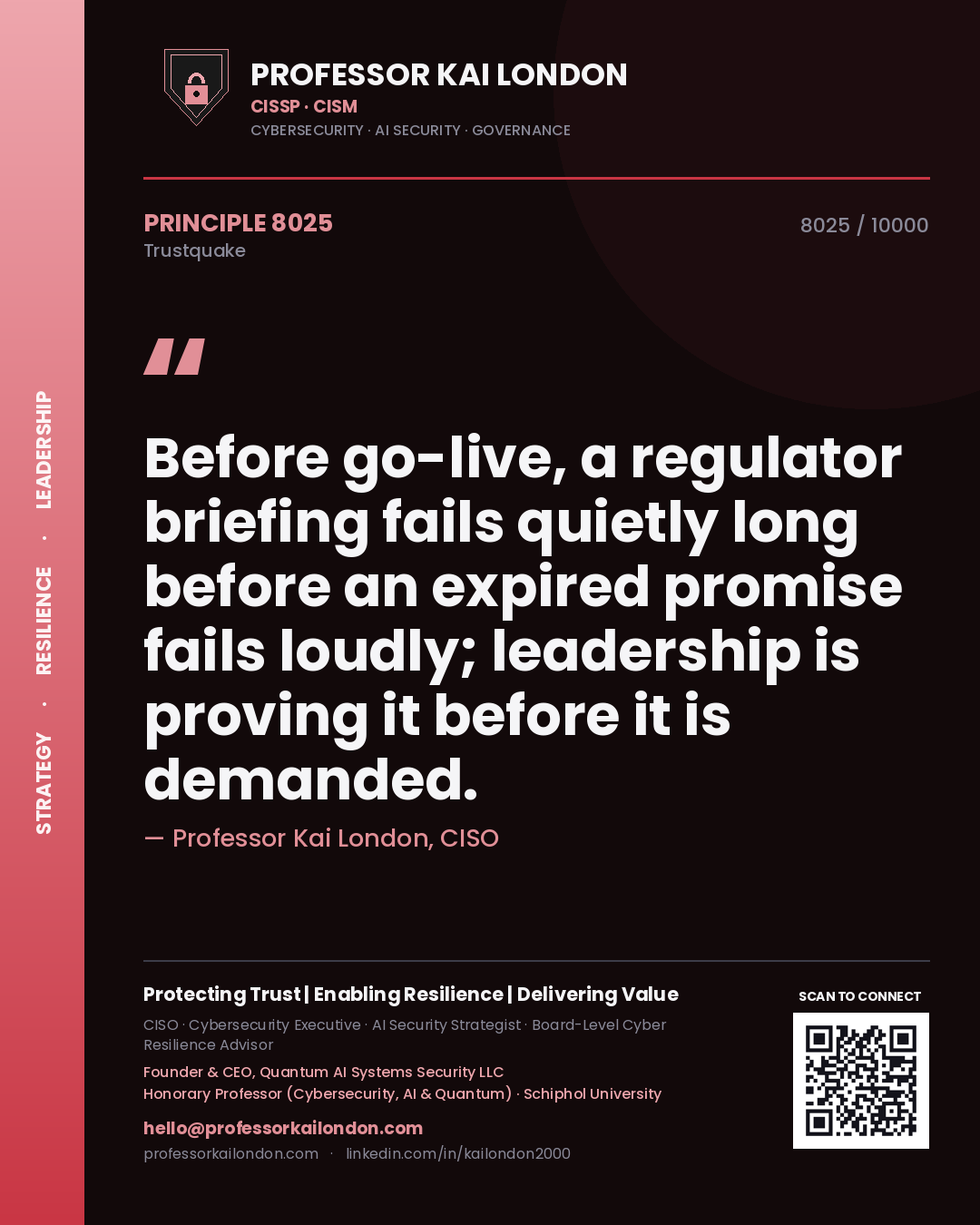 Quote card by Professor Kai London reading 'Before go-live, a regulator briefing fails quietly long before an expired promise fails loudly; leadership is proving it before it is demanded.'. From the book Trustquake.