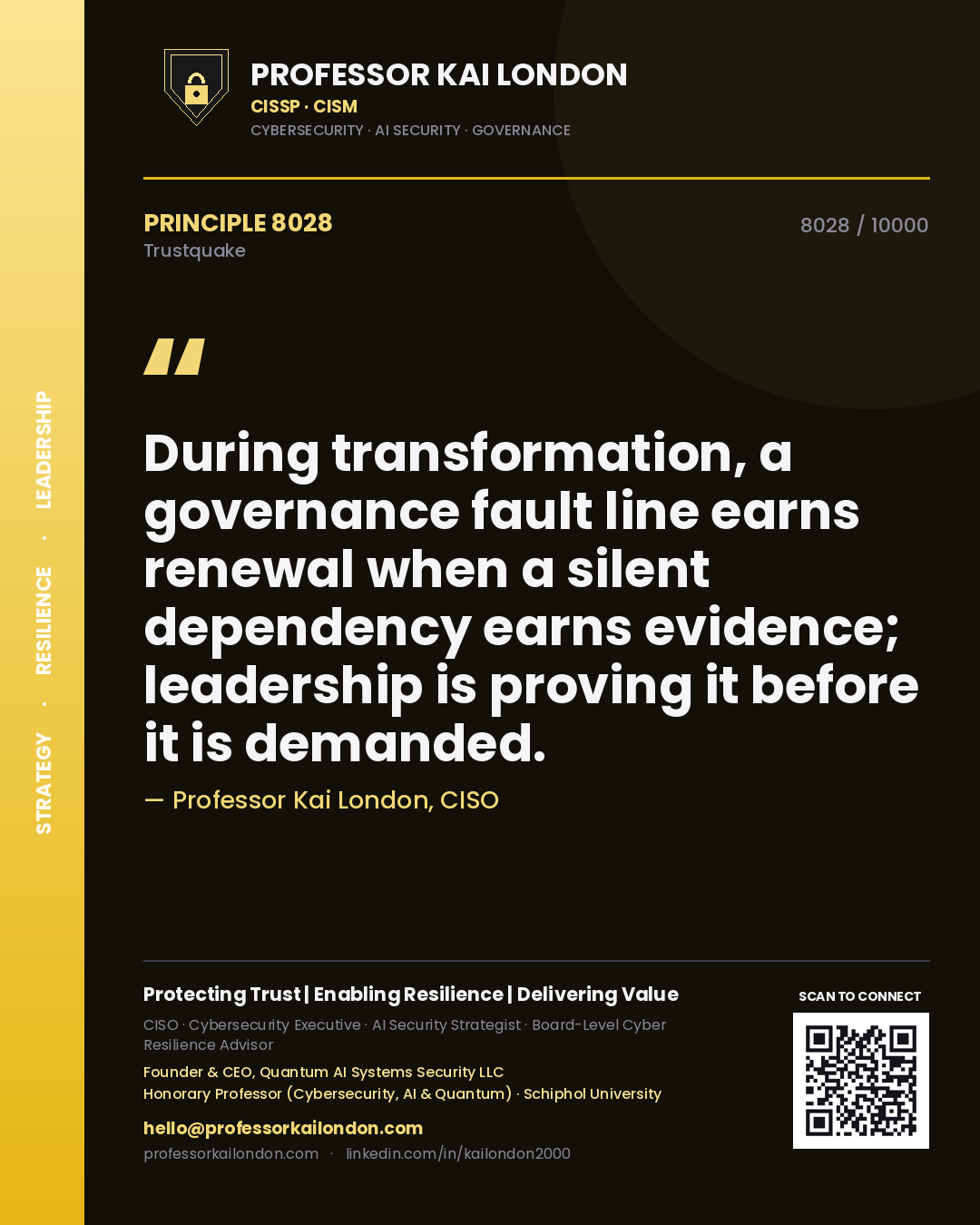 Professor Kai London principle 8028: During transformation, a governance fault line earns renewal when a silent dependency earns evidence; leadership is proving it before it is demanded.