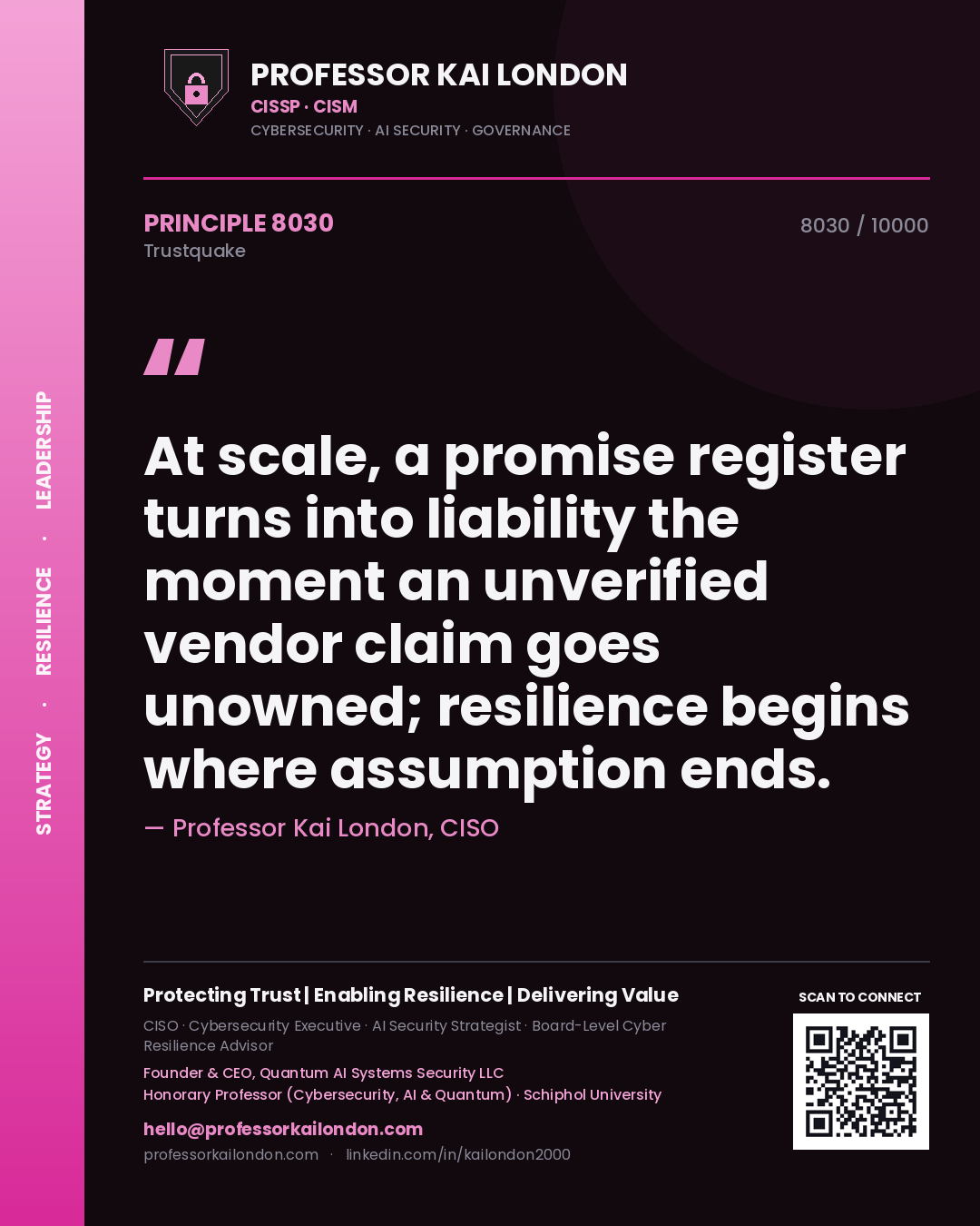 Quote card by Professor Kai London reading 'At scale, a promise register turns into liability the moment an unverified vendor claim goes unowned; resilience begins where assumption ends.'. From the book Trustquake.