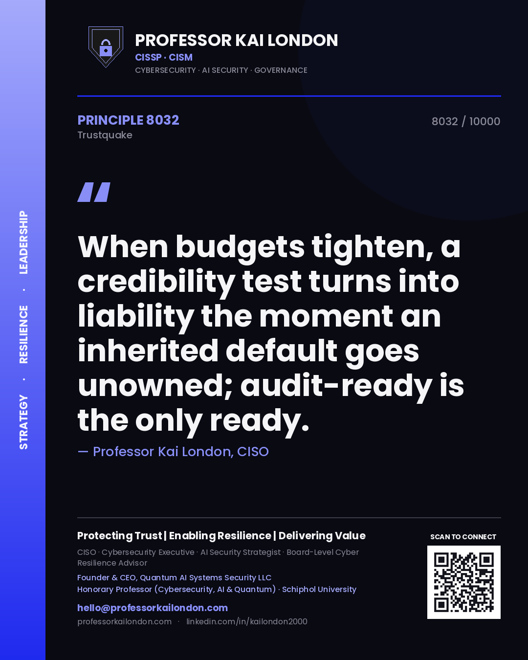 Professor Kai London principle 8032: When budgets tighten, a credibility test turns into liability the moment an inherited default goes unowned; audit-ready is the only ready.