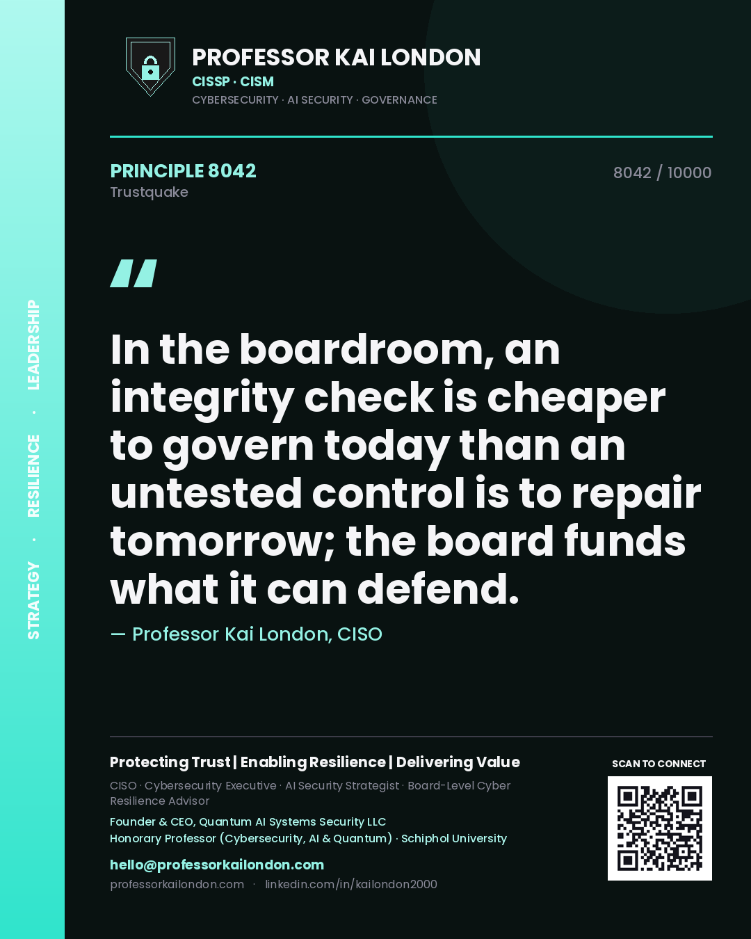 Quote card by Professor Kai London reading 'In the boardroom, an integrity check is cheaper to govern today than an untested control is to repair tomorrow; the board funds what it can defend.'. From the book Trustquake.
