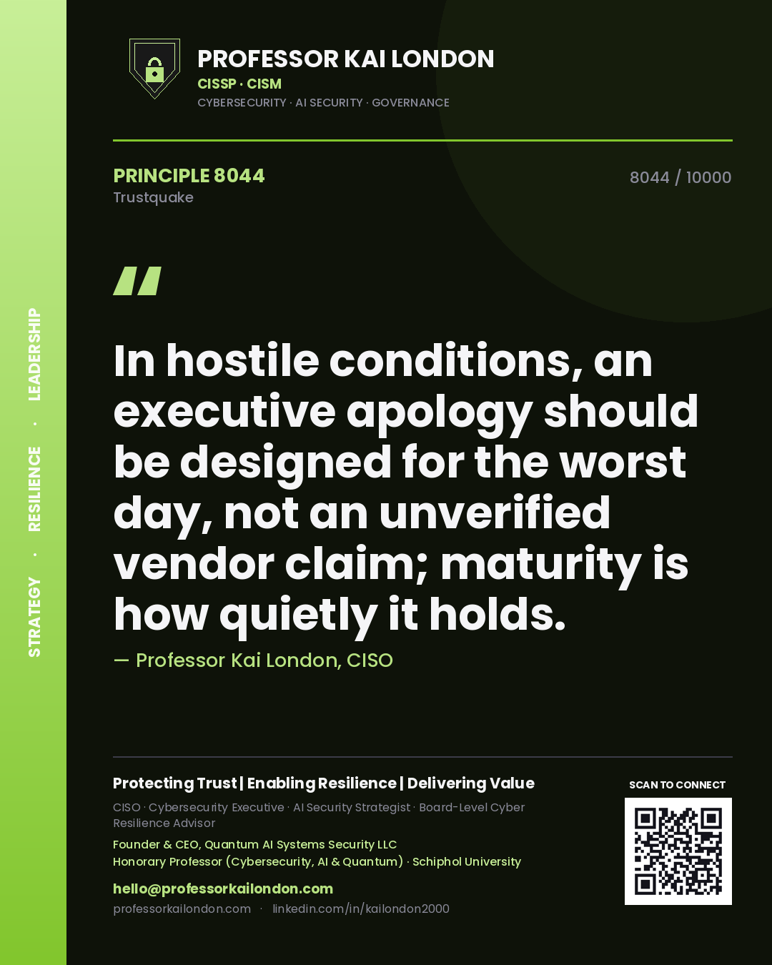 Quote card by Professor Kai London reading 'In hostile conditions, an executive apology should be designed for the worst day, not an unverified vendor claim; maturity is how quietly it holds.'. From the book Trustquake.