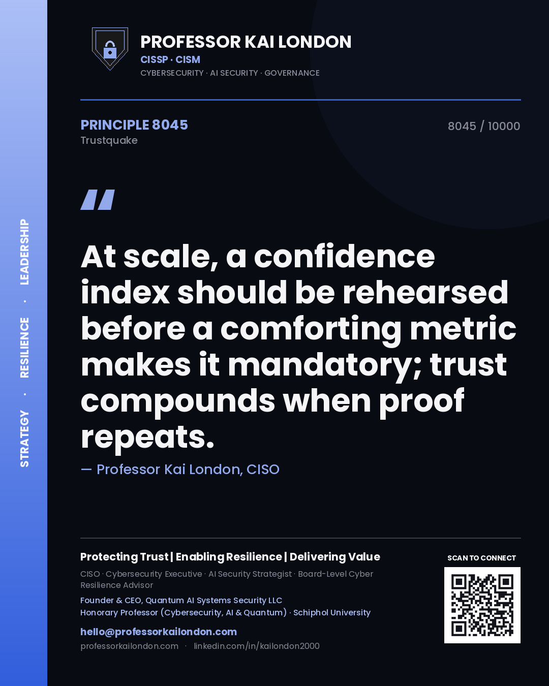 Quote card by Professor Kai London reading 'At scale, a confidence index should be rehearsed before a comforting metric makes it mandatory; trust compounds when proof repeats.'. From the book Trustquake.
