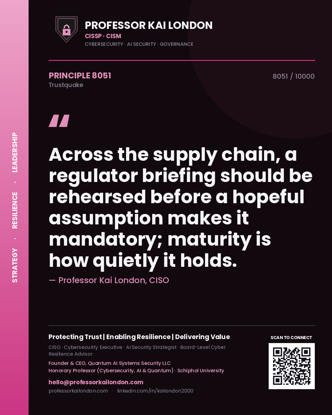 Professor Kai London principle 8051: Across the supply chain, a regulator briefing should be rehearsed before a hopeful assumption makes it mandatory; maturity is how quietly it holds.
