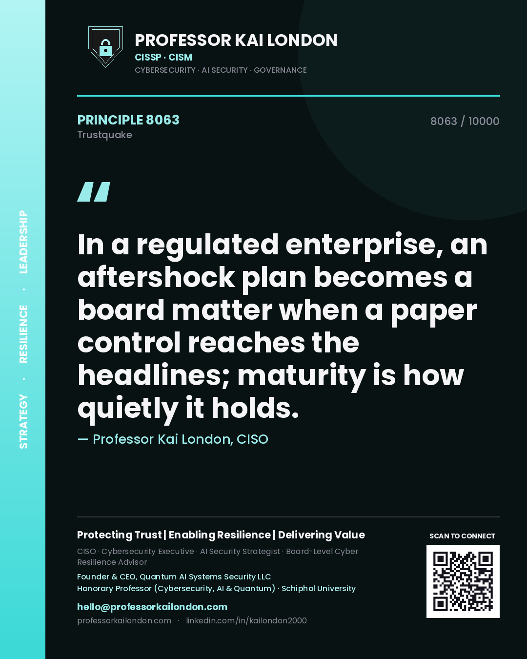 Quote card by Professor Kai London reading 'In a regulated enterprise, an aftershock plan becomes a board matter when a paper control reaches the headlines; maturity is how quietly it holds.'. From the book Trustquake.