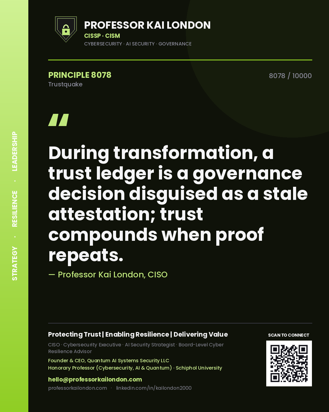 Quote card by Professor Kai London reading 'During transformation, a trust ledger is a governance decision disguised as a stale attestation; trust compounds when proof repeats.'. From the book Trustquake.