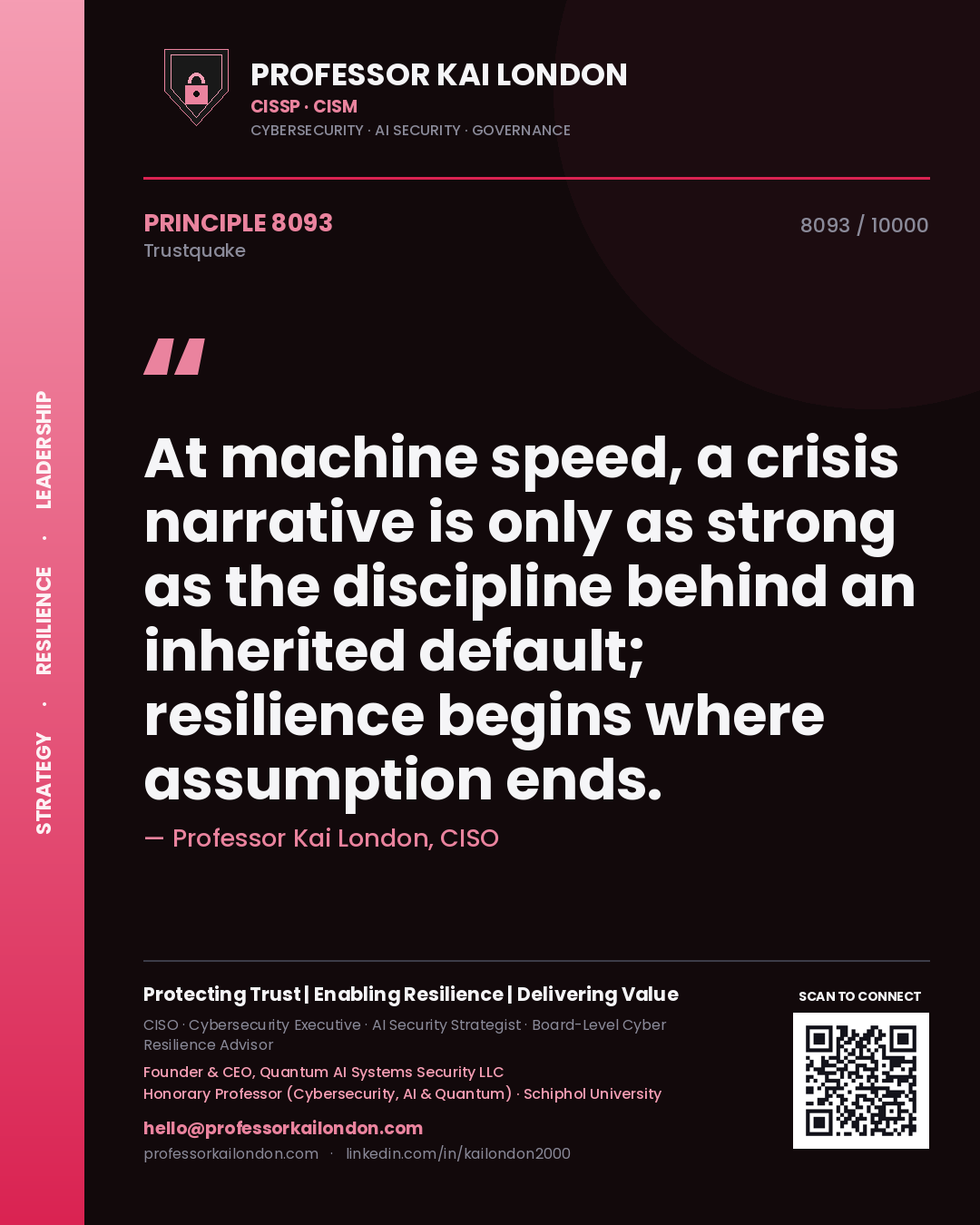 Professor Kai London principle 8093: At machine speed, a crisis narrative is only as strong as the discipline behind an inherited default; resilience begins where assumption ends.