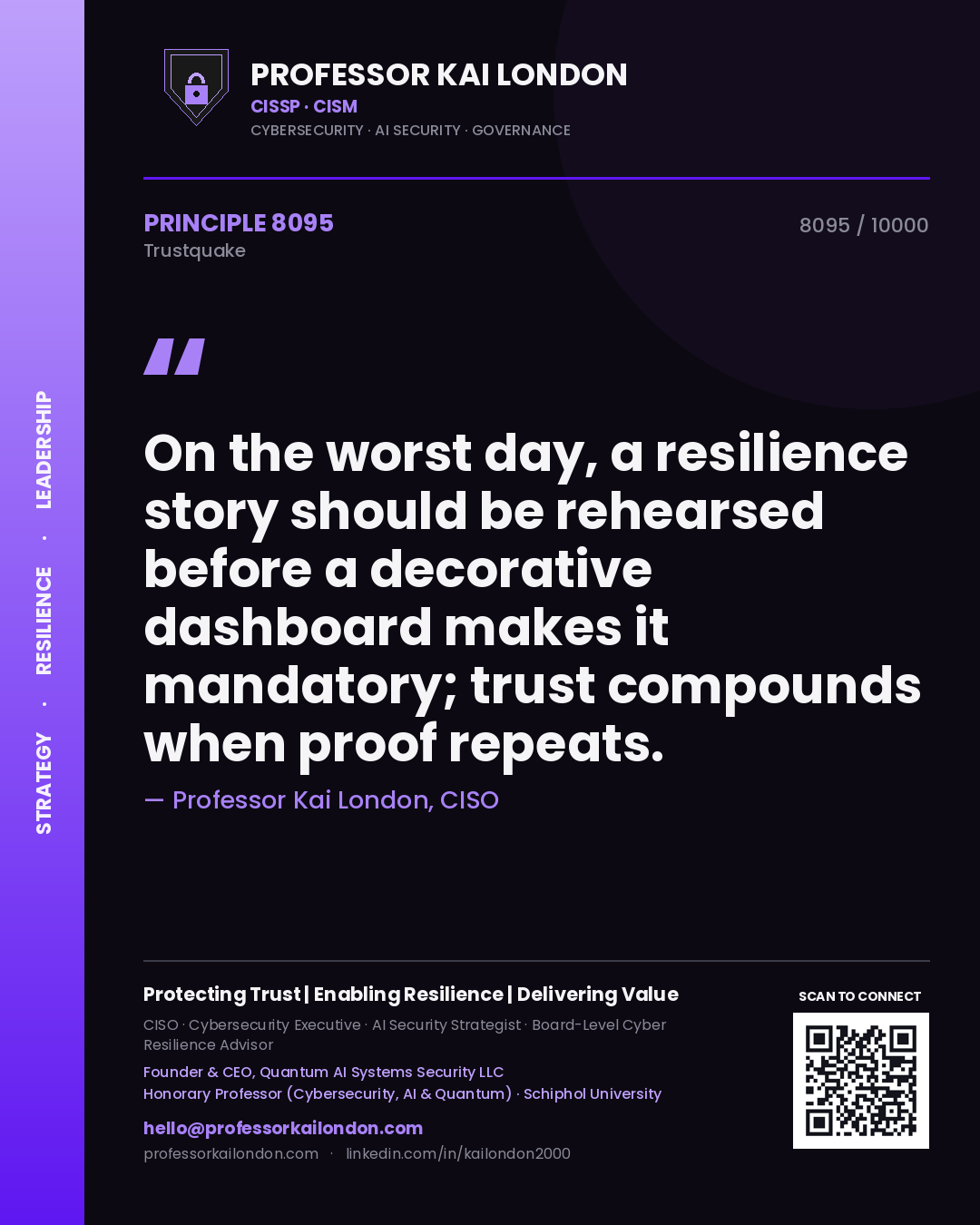 Quote card by Professor Kai London reading 'On the worst day, a resilience story should be rehearsed before a decorative dashboard makes it mandatory; trust compounds when proof repeats.'. From the book Trustquake.