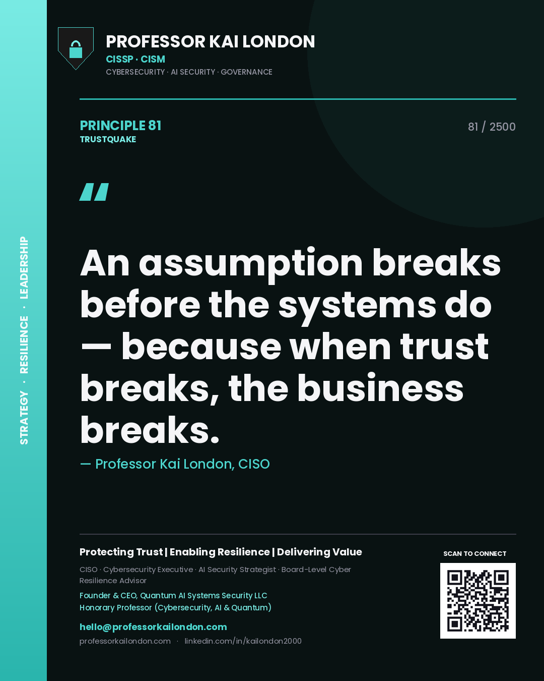 Quote card by Professor Kai London reading 'An assumption breaks before the systems do — because when trust breaks, the business breaks.'. From the book Trustquake.