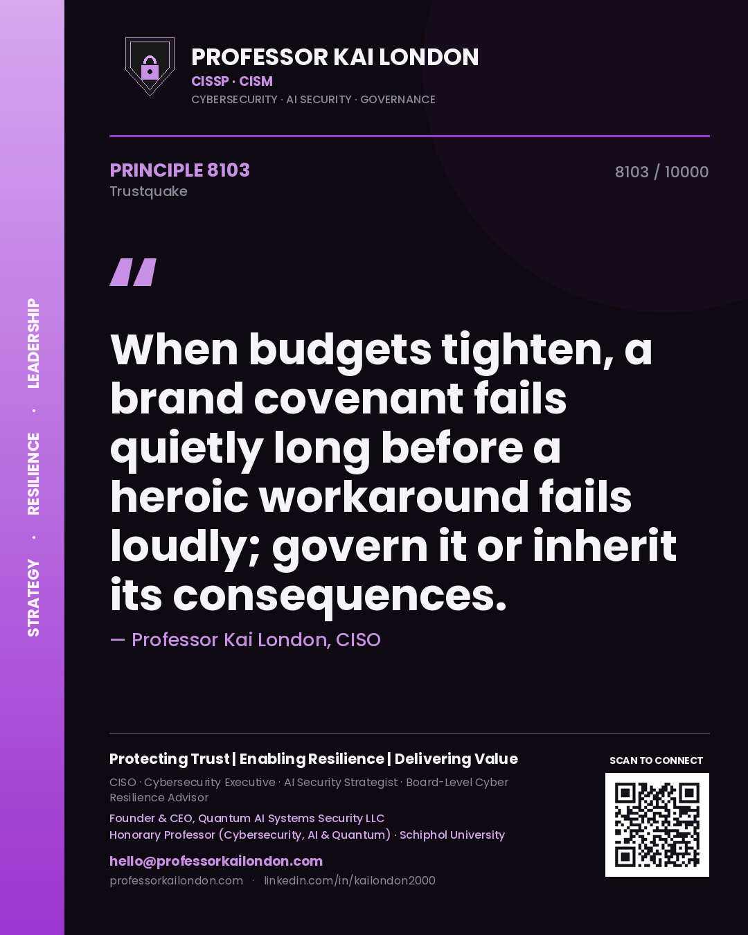 Professor Kai London principle 8103: When budgets tighten, a brand covenant fails quietly long before a heroic workaround fails loudly; govern it or inherit its consequences.