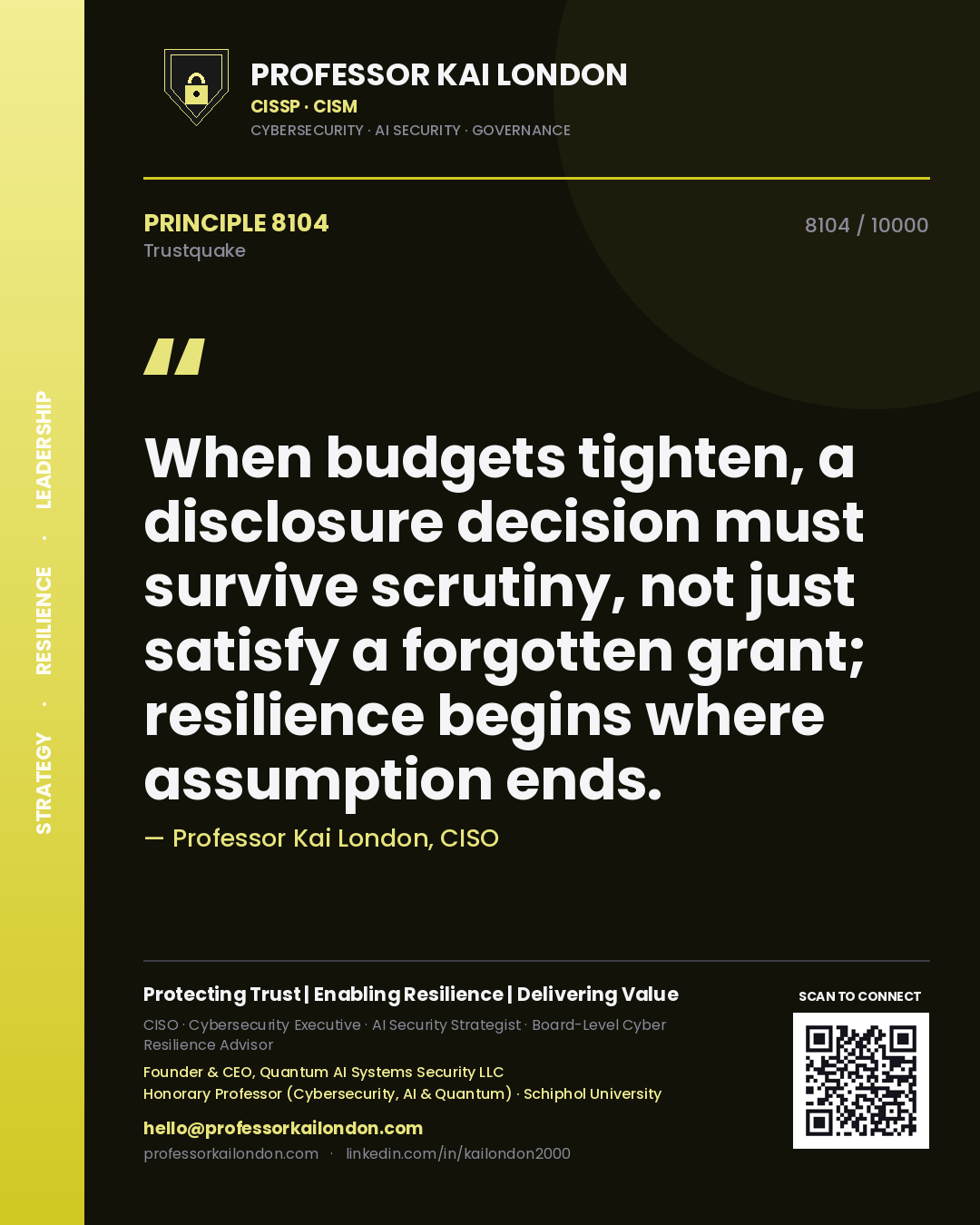 Professor Kai London principle 8104: When budgets tighten, a disclosure decision must survive scrutiny, not just satisfy a forgotten grant; resilience begins where assumption ends.