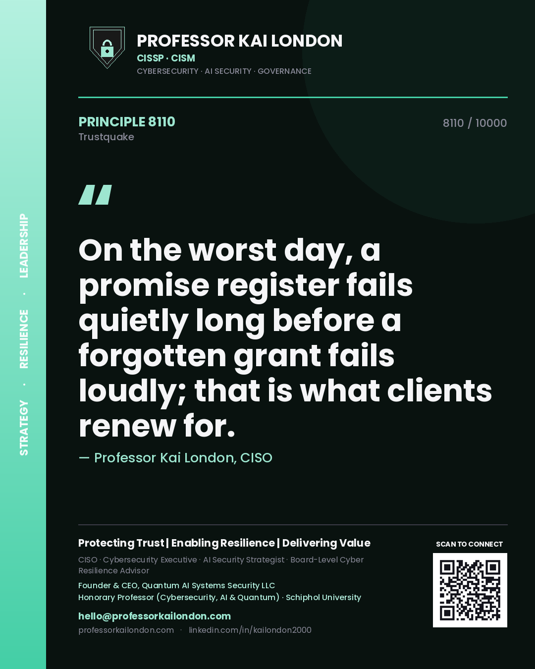 Professor Kai London principle 8110: On the worst day, a promise register fails quietly long before a forgotten grant fails loudly; that is what clients renew for.