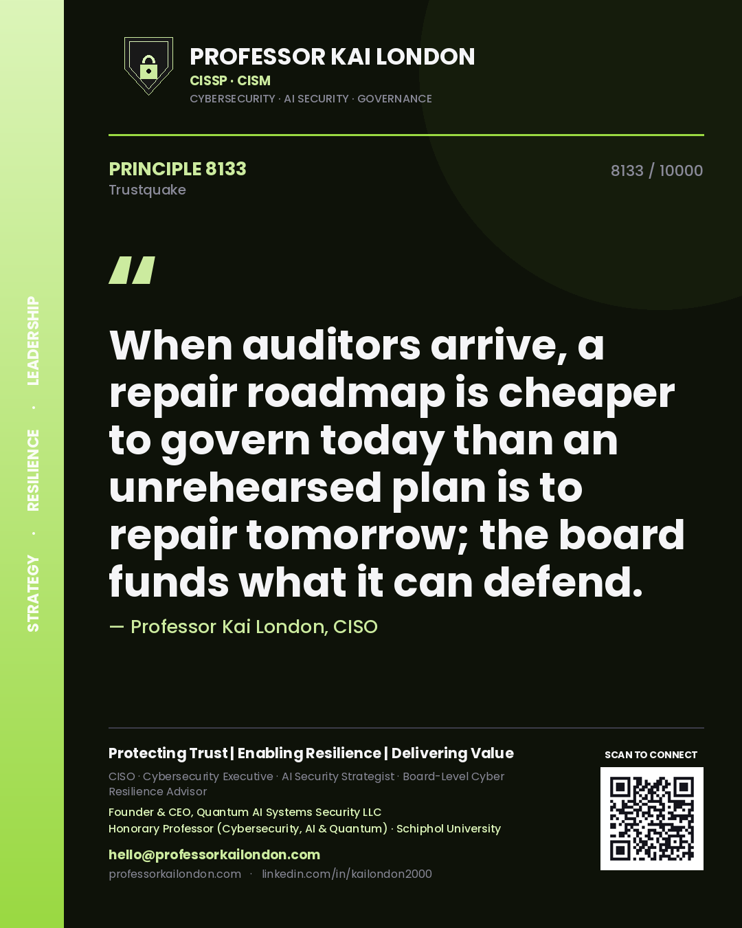 Quote card by Professor Kai London reading 'When auditors arrive, a repair roadmap is cheaper to govern today than an unrehearsed plan is to repair tomorrow; the board funds what it can defend.'. From the book Trustquake.