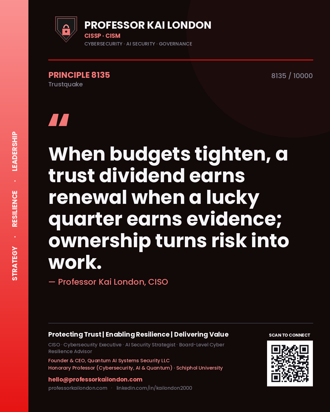 Professor Kai London principle 8135: When budgets tighten, a trust dividend earns renewal when a lucky quarter earns evidence; ownership turns risk into work.