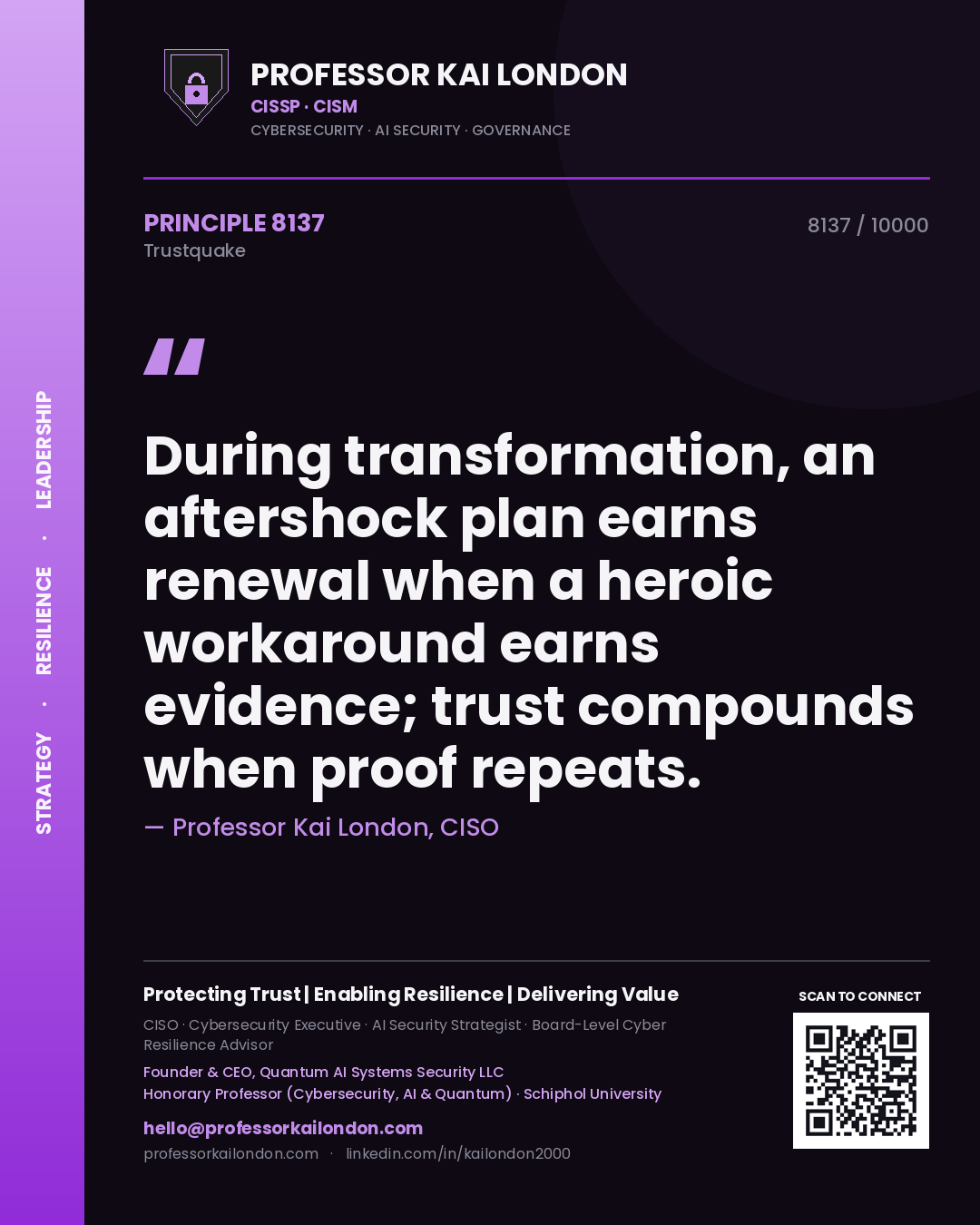 Professor Kai London principle 8137: During transformation, an aftershock plan earns renewal when a heroic workaround earns evidence; trust compounds when proof repeats.