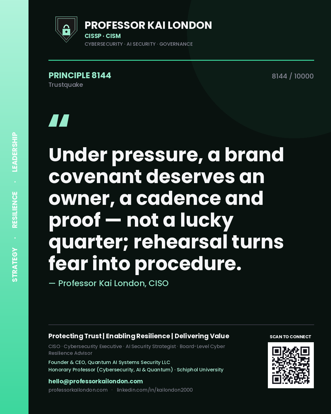 Professor Kai London principle 8144: Under pressure, a brand covenant deserves an owner, a cadence and proof — not a lucky quarter; rehearsal turns fear into procedure.