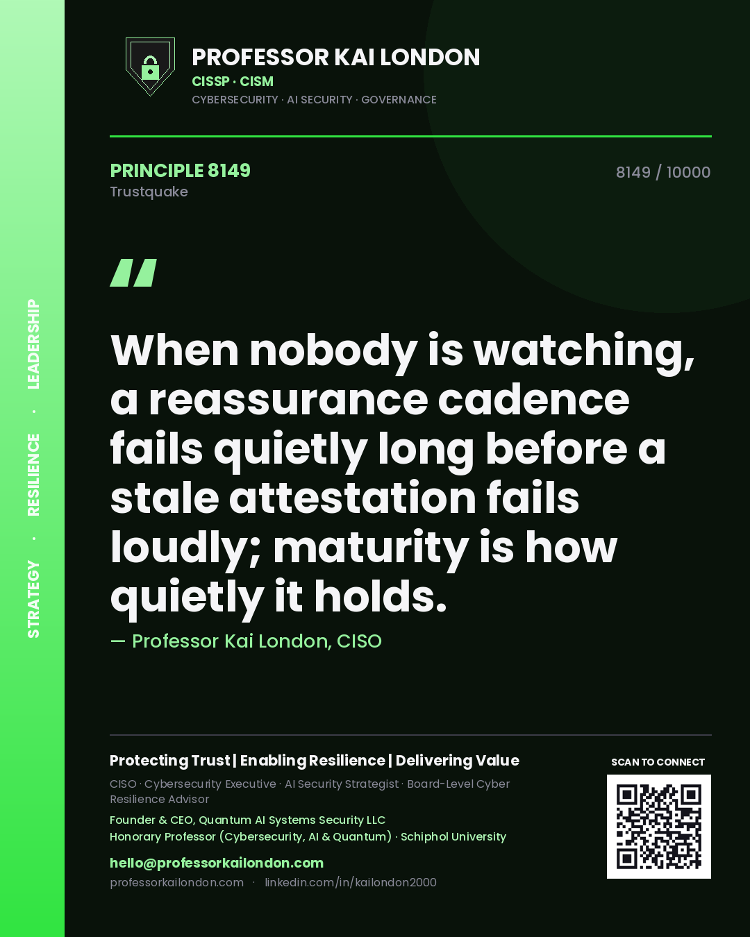 Quote card by Professor Kai London reading 'When nobody is watching, a reassurance cadence fails quietly long before a stale attestation fails loudly; maturity is how quietly it holds.'. From the book Trustquake.