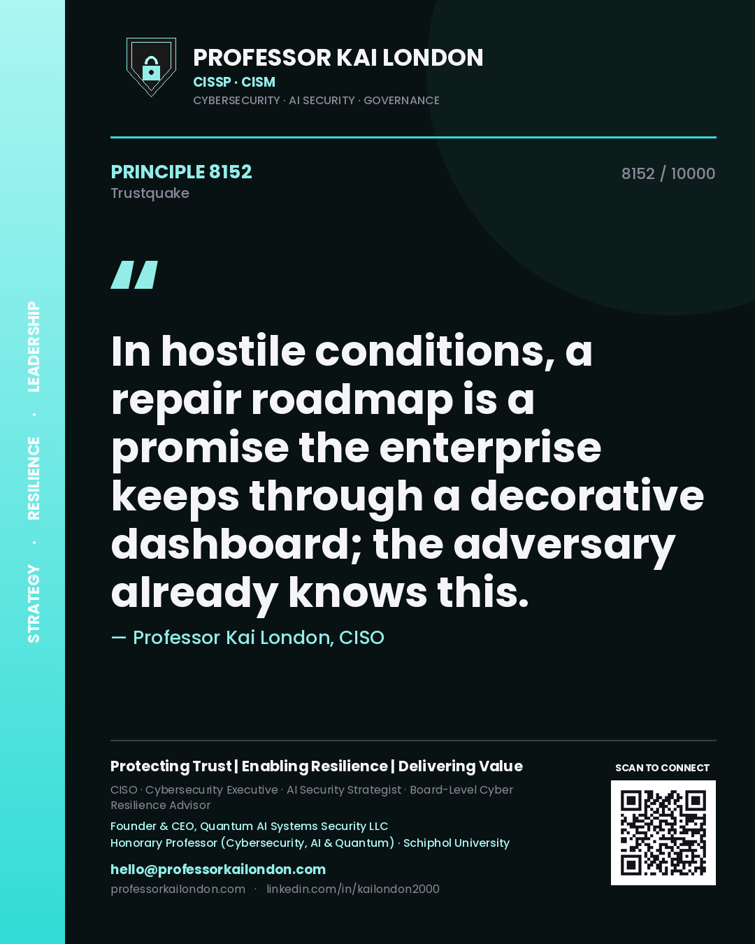 Professor Kai London principle 8152: In hostile conditions, a repair roadmap is a promise the enterprise keeps through a decorative dashboard; the adversary already knows this.