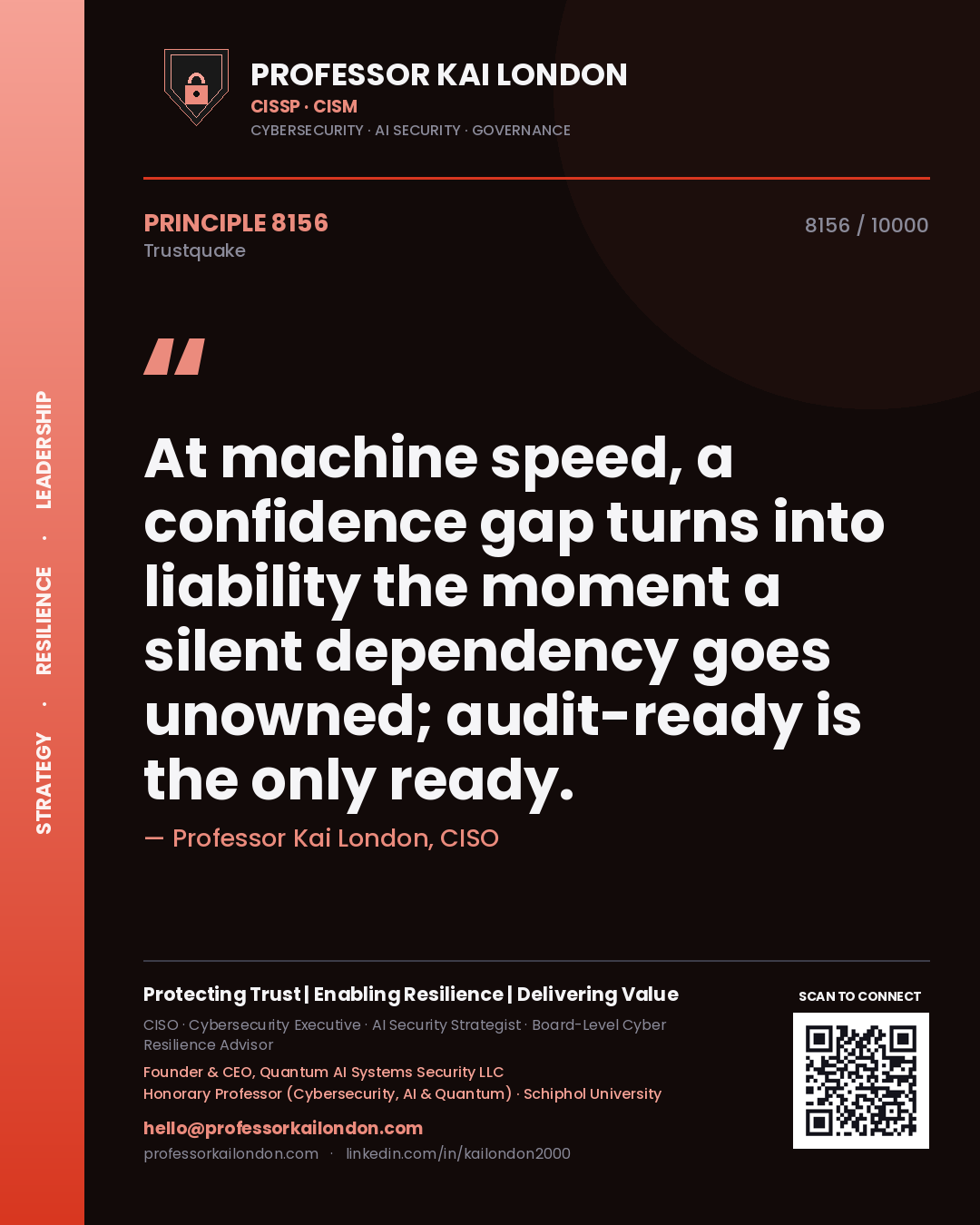 Quote card by Professor Kai London reading 'At machine speed, a confidence gap turns into liability the moment a silent dependency goes unowned; audit-ready is the only ready.'. From the book Trustquake.