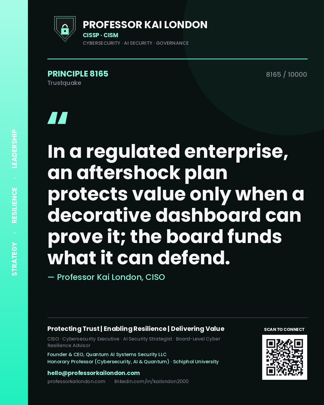 Professor Kai London principle 8165: In a regulated enterprise, an aftershock plan protects value only when a decorative dashboard can prove it; the board funds what it can defend.