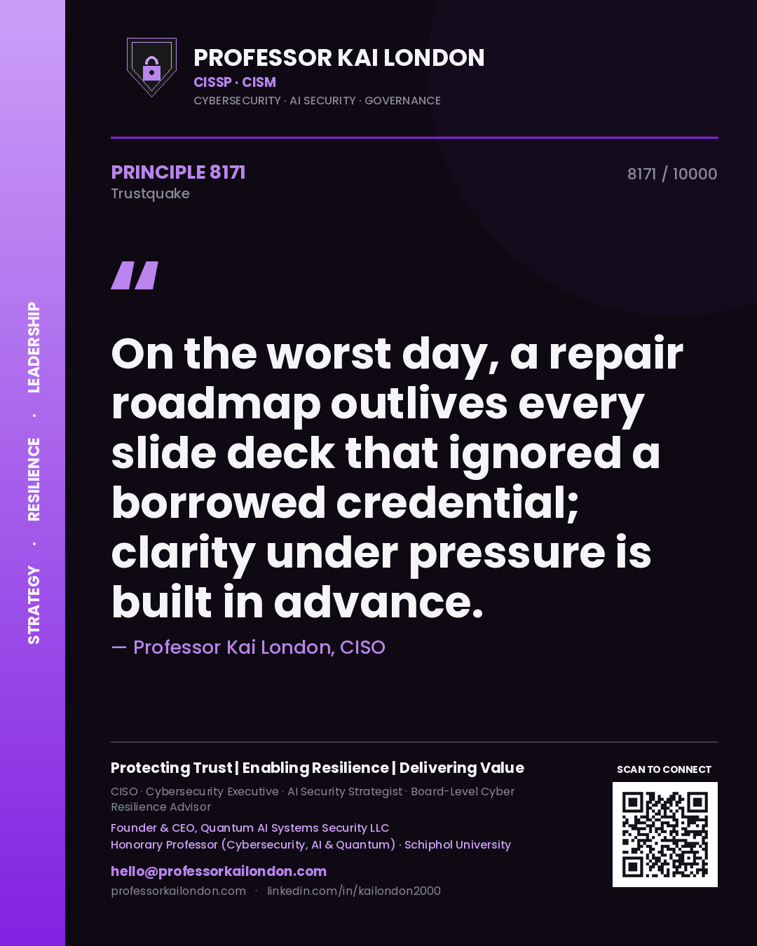 Quote card by Professor Kai London reading 'On the worst day, a repair roadmap outlives every slide deck that ignored a borrowed credential; clarity under pressure is built in advance.'. From the book Trustquake.