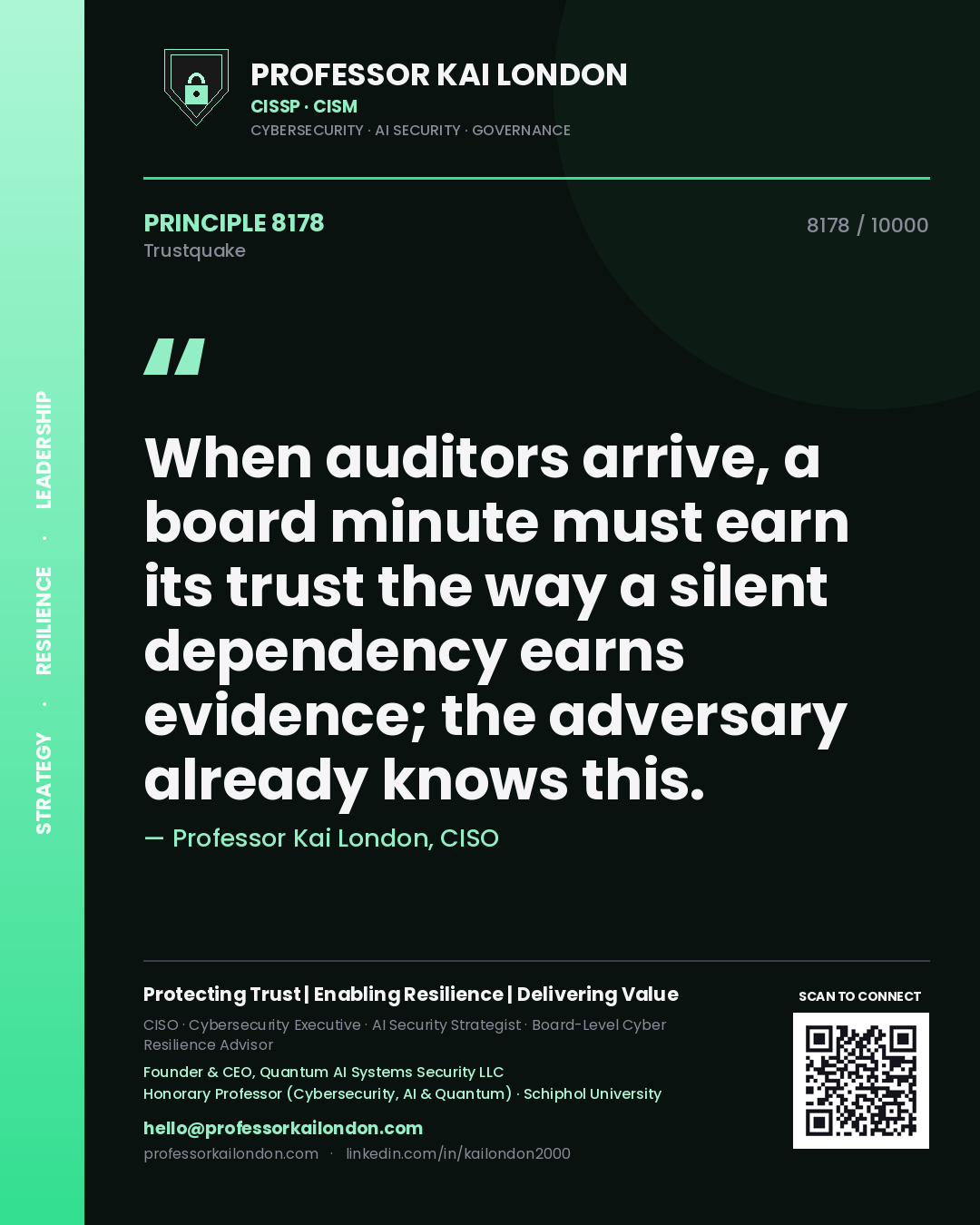 Professor Kai London principle 8178: When auditors arrive, a board minute must earn its trust the way a silent dependency earns evidence; the adversary already knows this.
