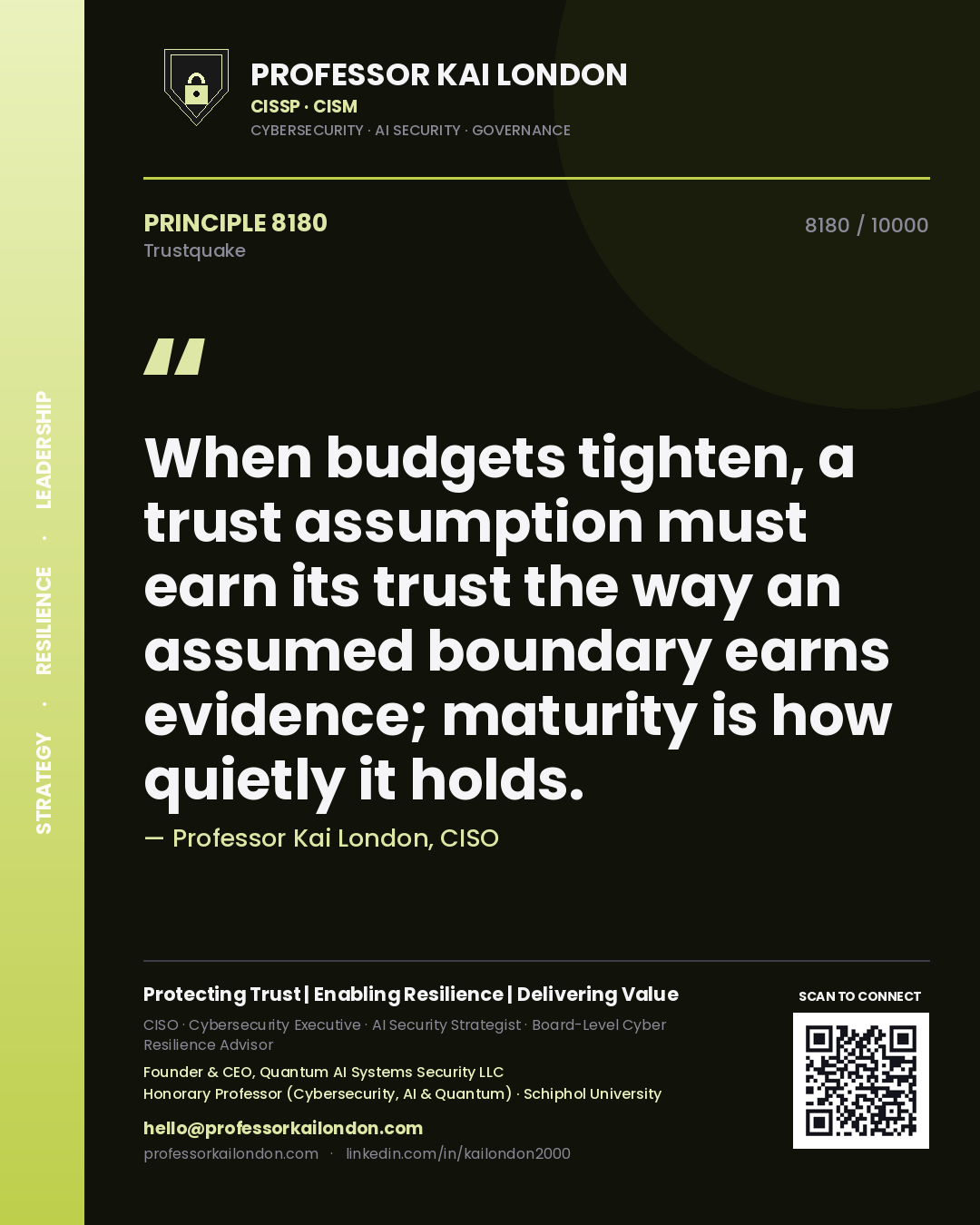 Professor Kai London principle 8180: When budgets tighten, a trust assumption must earn its trust the way an assumed boundary earns evidence; maturity is how quietly it holds.