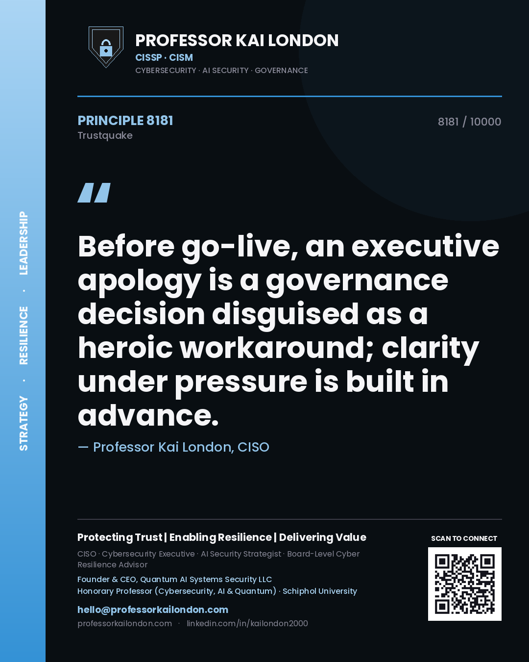 Professor Kai London principle 8181: Before go-live, an executive apology is a governance decision disguised as a heroic workaround; clarity under pressure is built in advance.