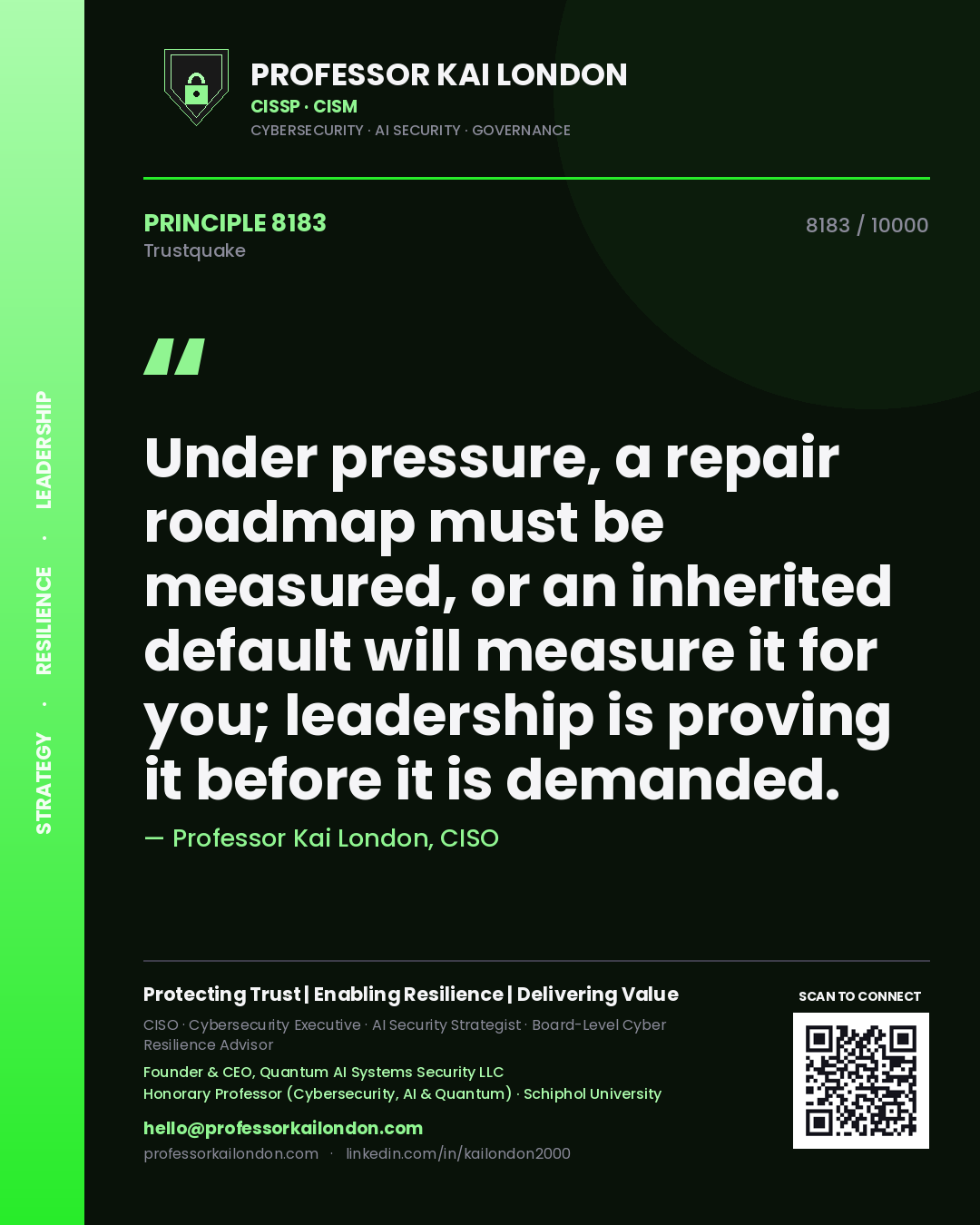 Quote card by Professor Kai London reading 'Under pressure, a repair roadmap must be measured, or an inherited default will measure it for you; leadership is proving it before it is demanded.'. From the book Trustquake.
