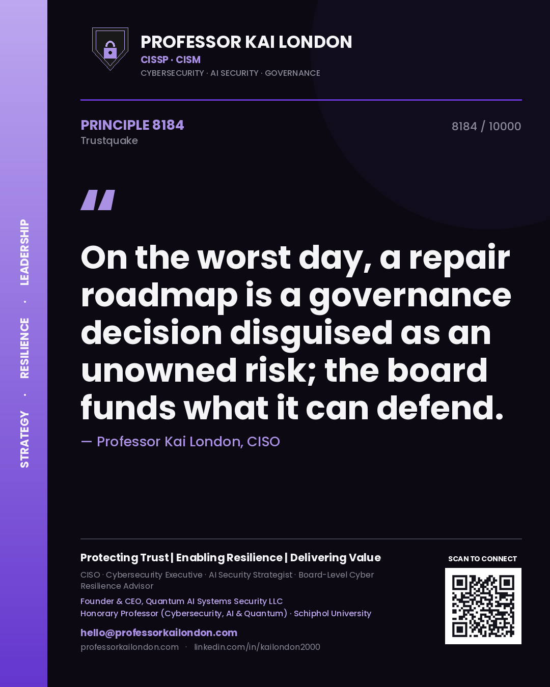 Professor Kai London principle 8184: On the worst day, a repair roadmap is a governance decision disguised as an unowned risk; the board funds what it can defend.