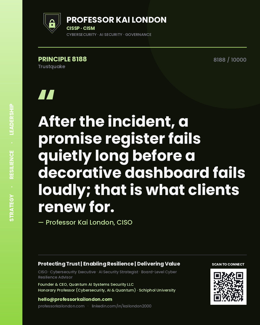 Professor Kai London principle 8188: After the incident, a promise register fails quietly long before a decorative dashboard fails loudly; that is what clients renew for.