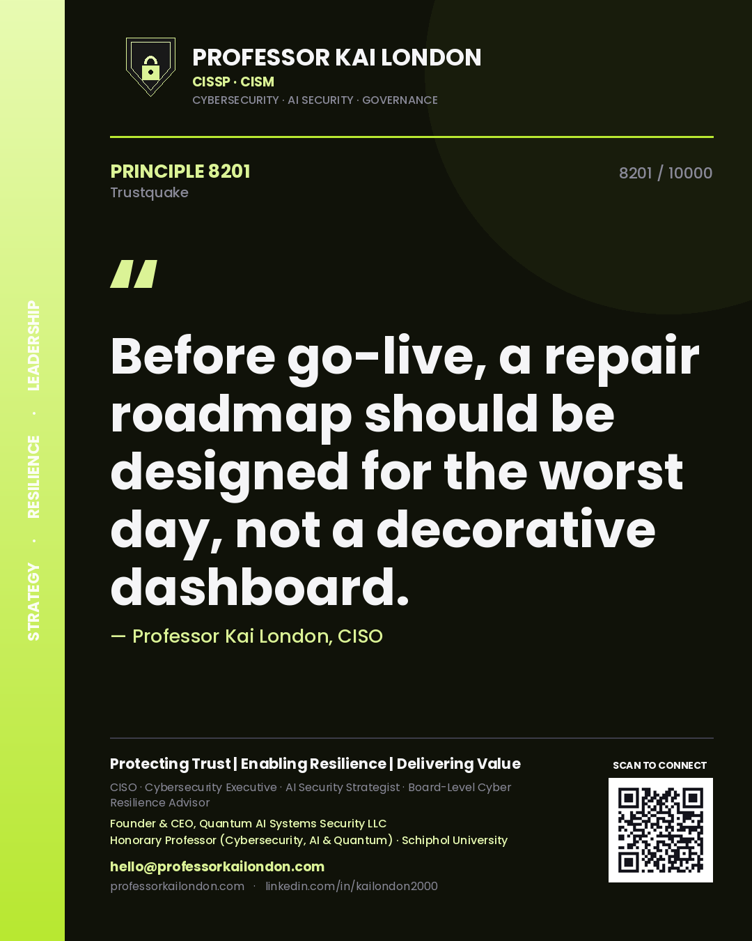 Quote card by Professor Kai London reading 'Before go-live, a repair roadmap should be designed for the worst day, not a decorative dashboard.'. From the book Trustquake.