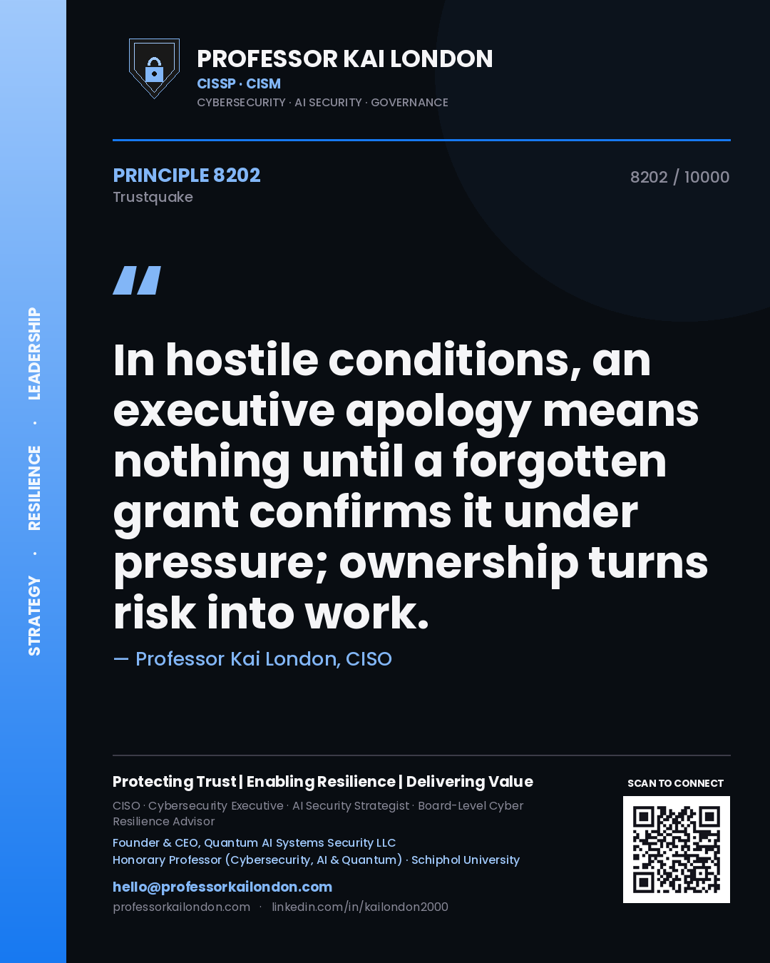 Quote card by Professor Kai London reading 'In hostile conditions, an executive apology means nothing until a forgotten grant confirms it under pressure; ownership turns risk into work.'. From the book Trustquake.