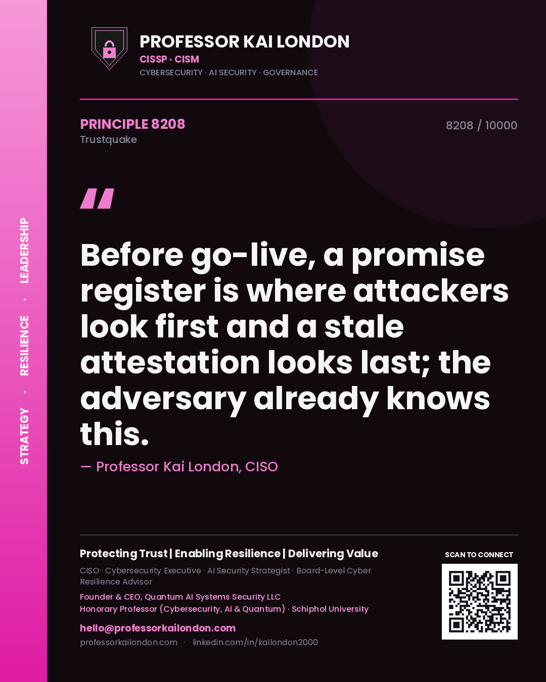 Quote card by Professor Kai London reading 'Before go-live, a promise register is where attackers look first and a stale attestation looks last; the adversary already knows this.'. From the book Trustquake.